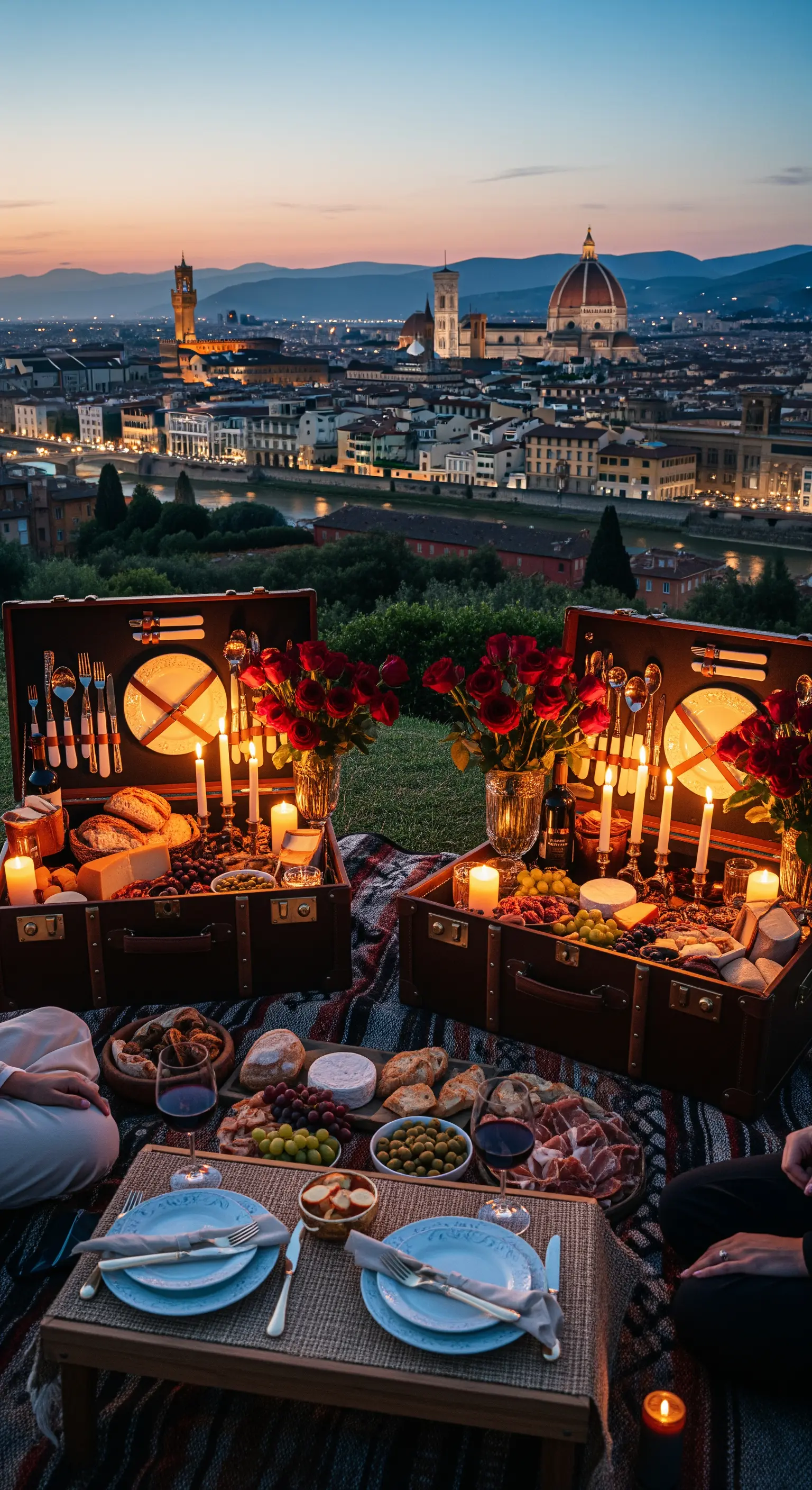Picknickkörbe mit Rosen, Kerzen und Essen vor der Skyline von Florenz bei Sonnenuntergang.