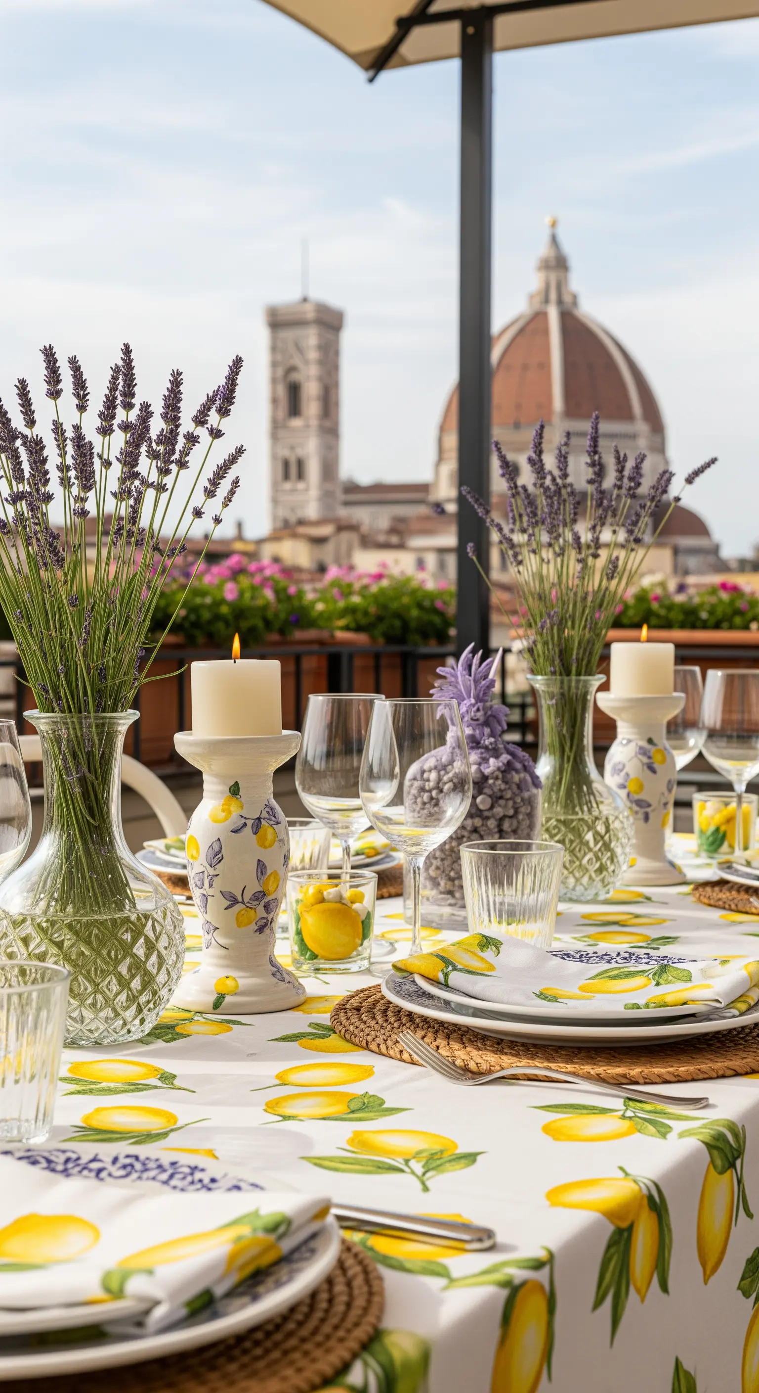 Rooftop-Tischdeko in Florenz mit Zitronenmuster-Tischdecke, Lavendel und Kerzen