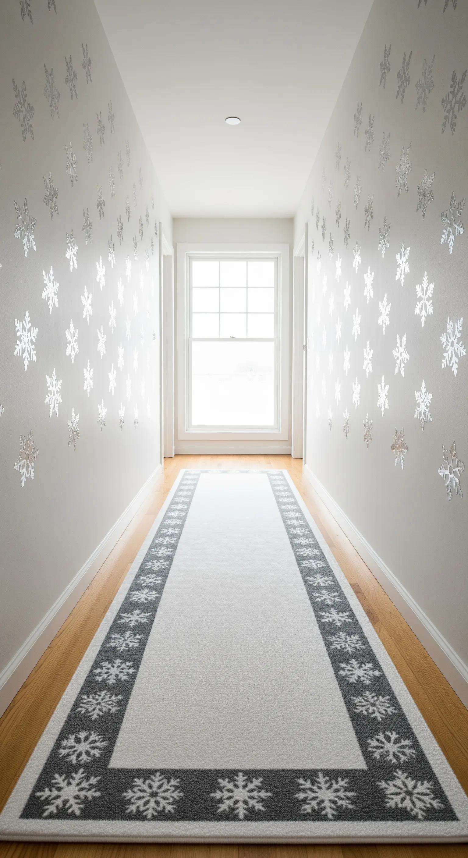 Flur mit silbernen Schneeflocken-Wandtattoos an den Wänden und einem Schneeflocken-Teppichläufer
