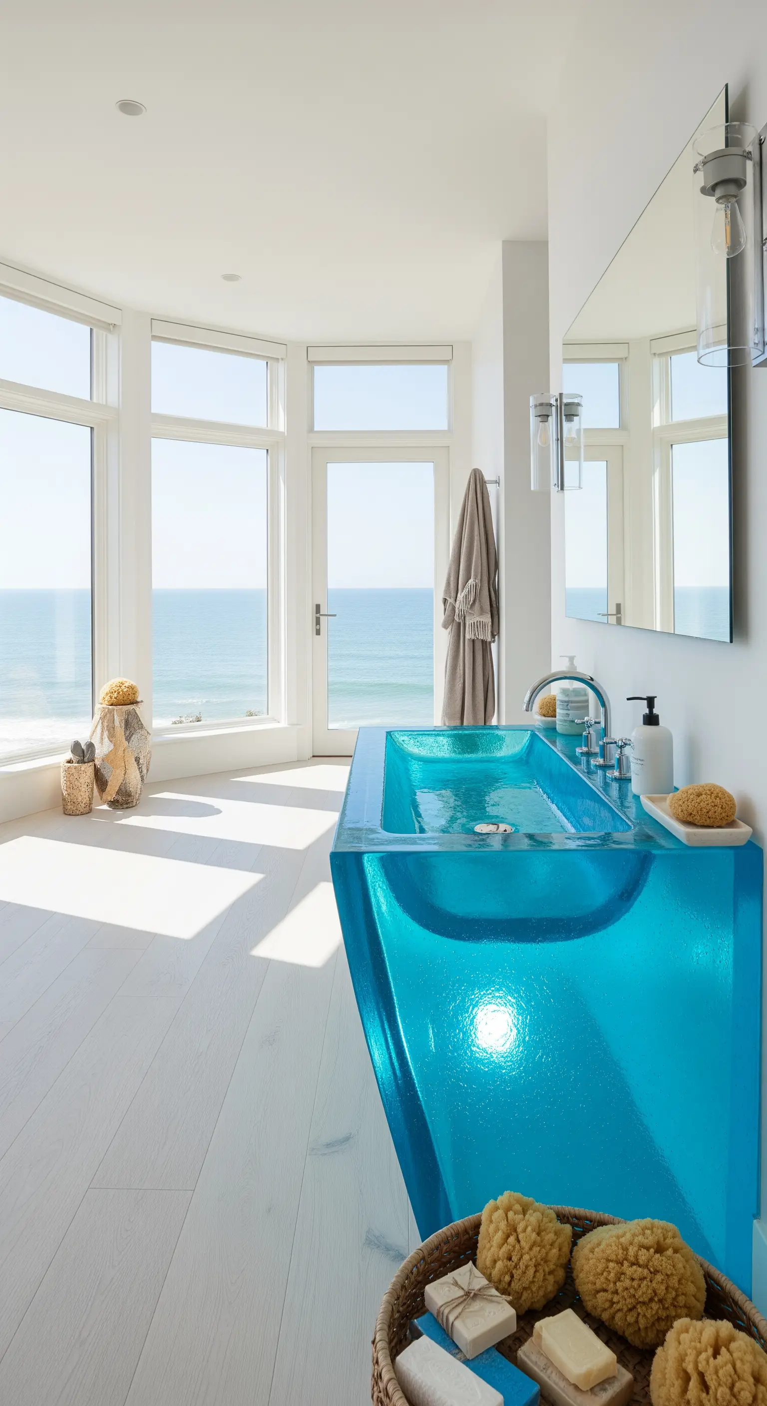 Leuchtend blaues Waschbecken aus transparentem Material in einem hellen Badezimmer.