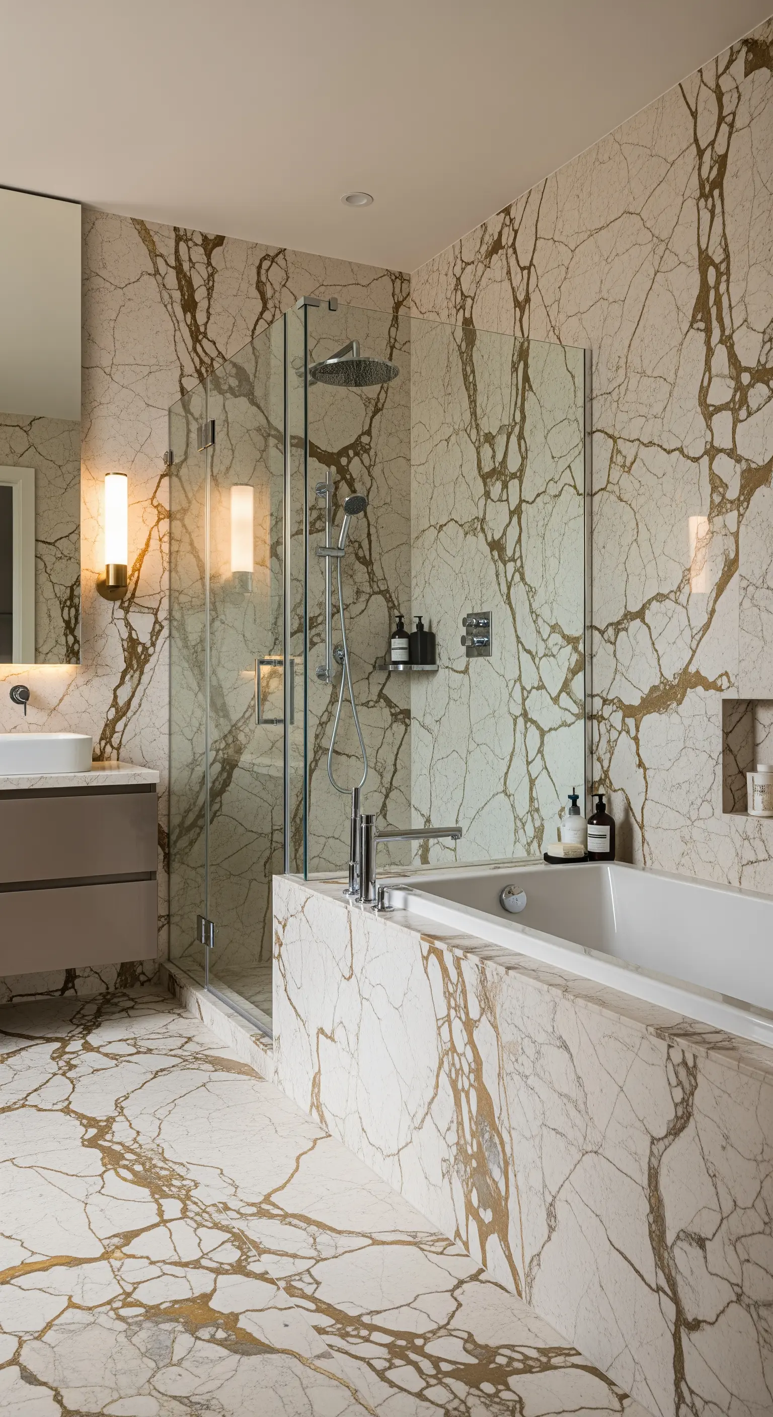 Luxuriöses Badezimmer, komplett verkleidet mit weißem Marmor mit goldener Maserung