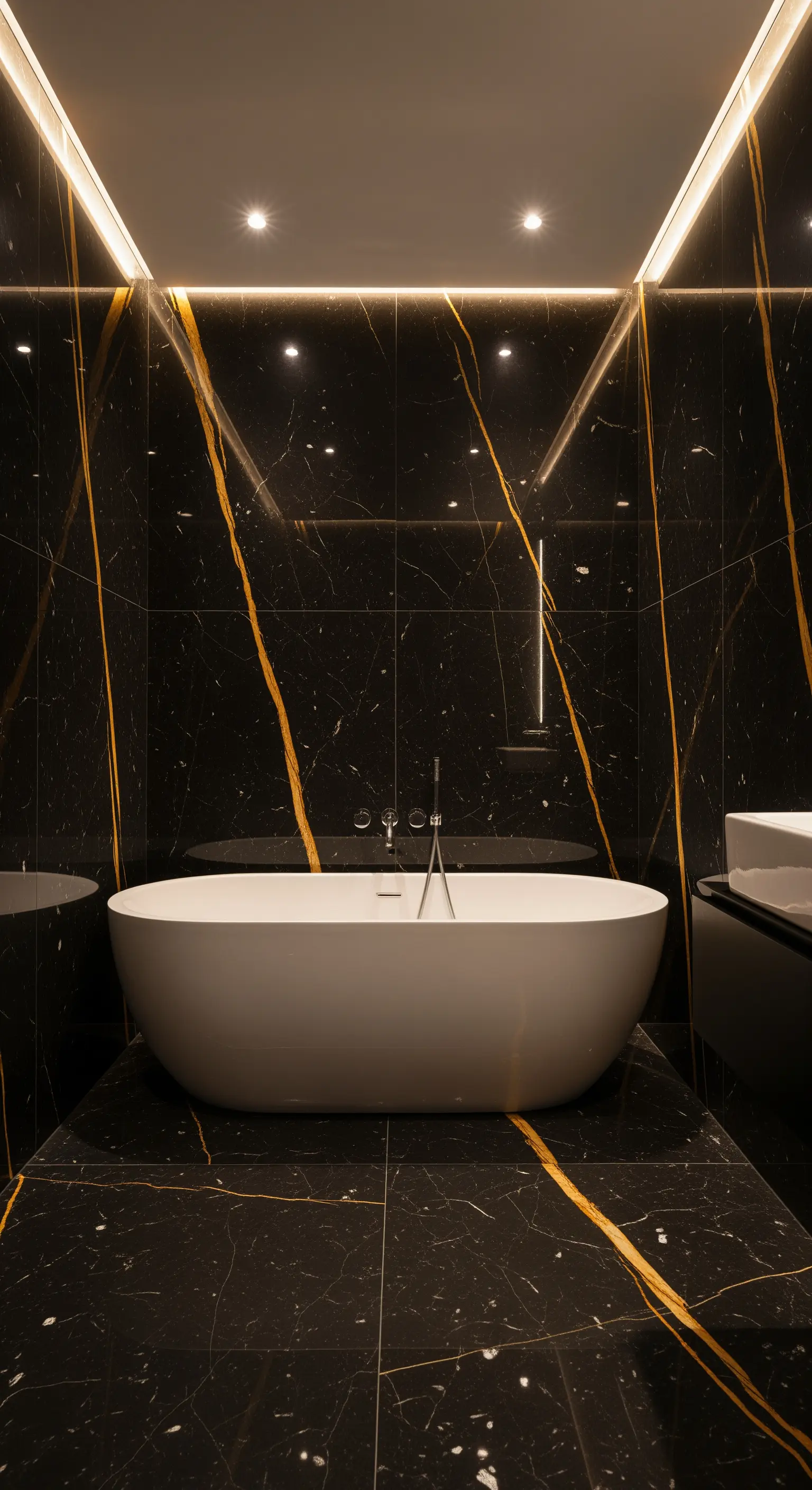 Luxuriöses Badezimmer mit schwarzem Marmor, der von dramatischen goldenen Adern durchzogen ist.