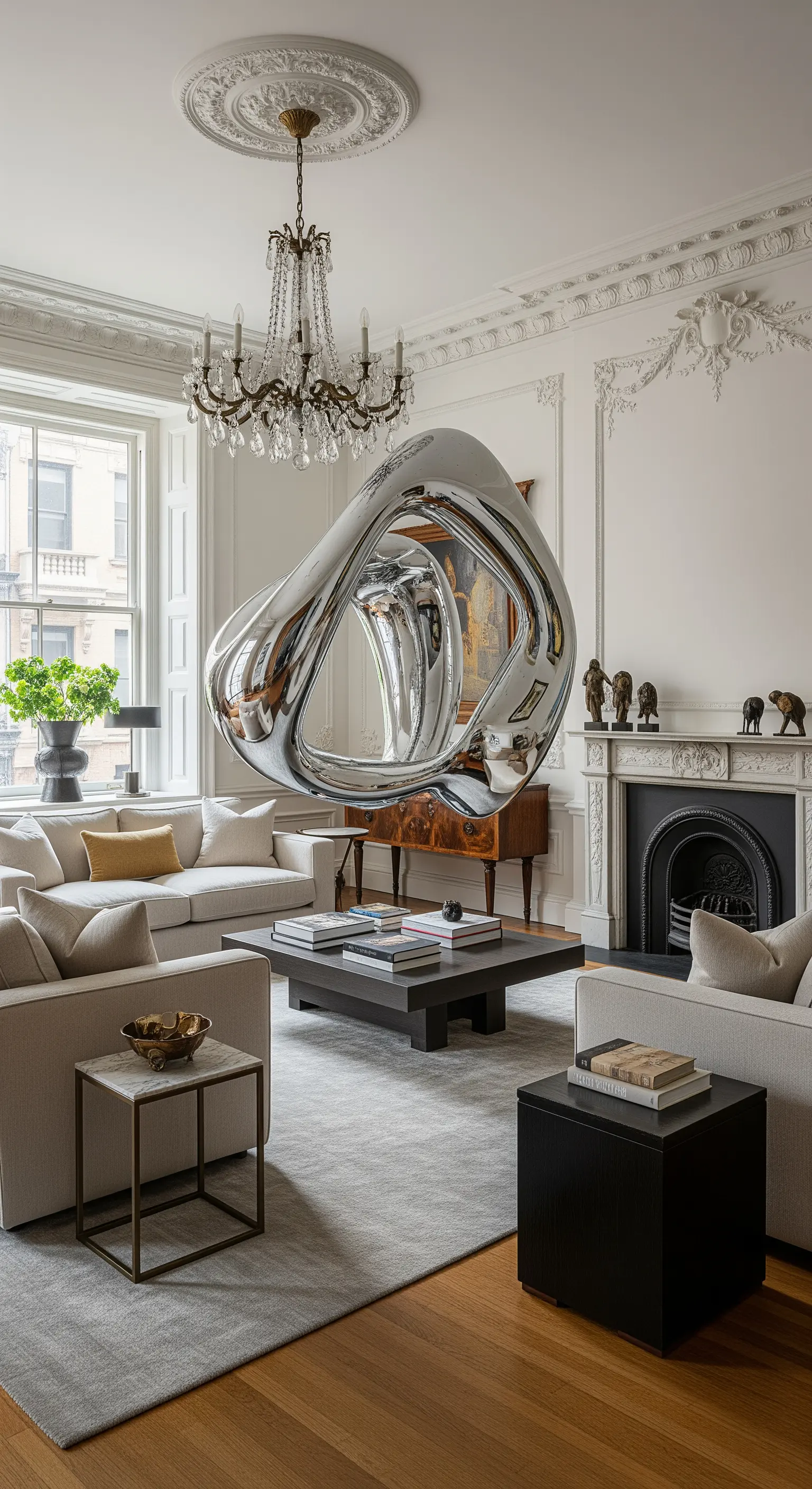 Große, schwebende Chromskulptur mit spiegelnder Oberfläche in einem klassischen Altbau-Wohnzimmer.