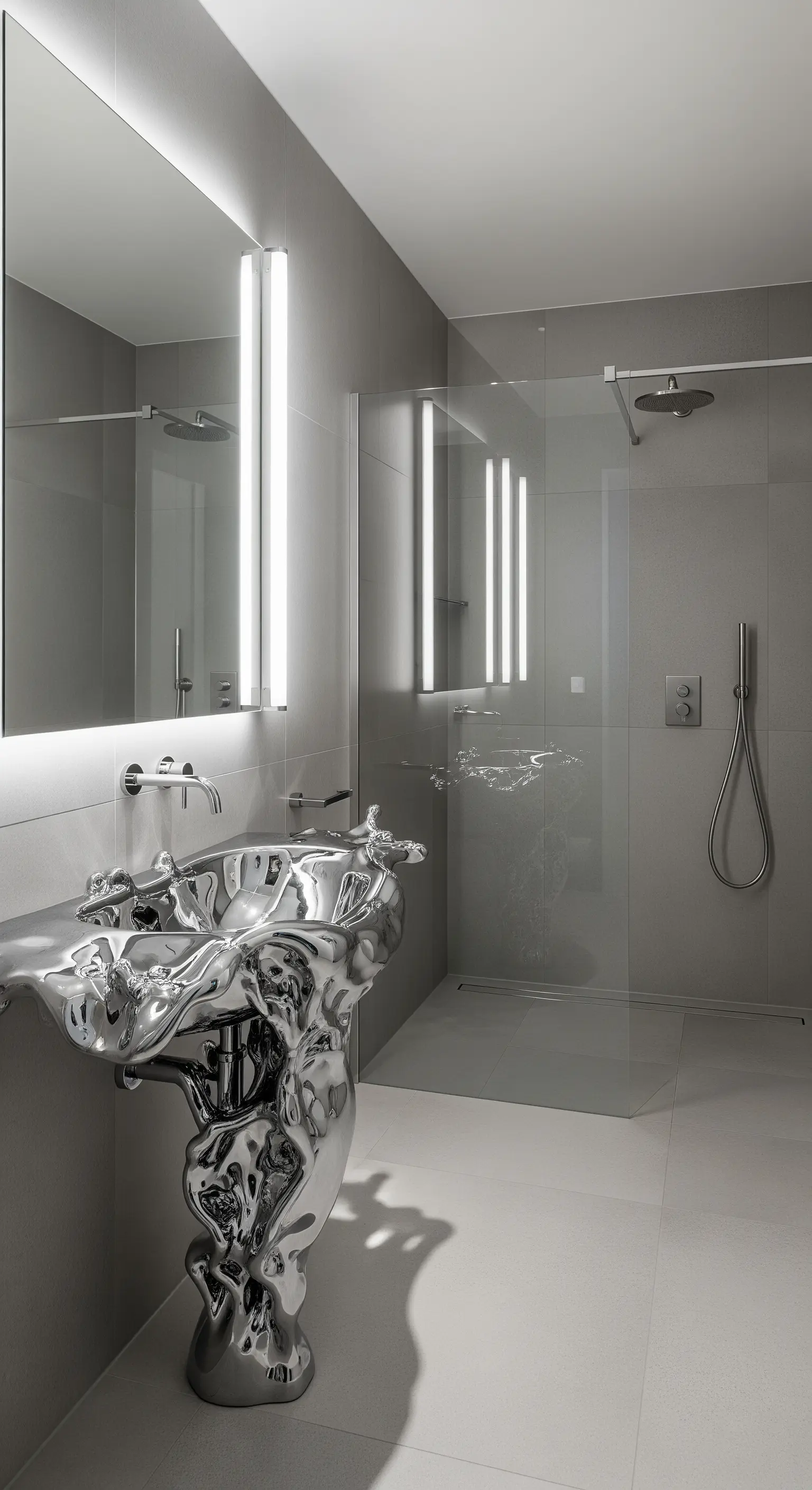 Skulpturales, freistehendes Waschbecken aus glänzendem, flüssig wirkendem Chrom.