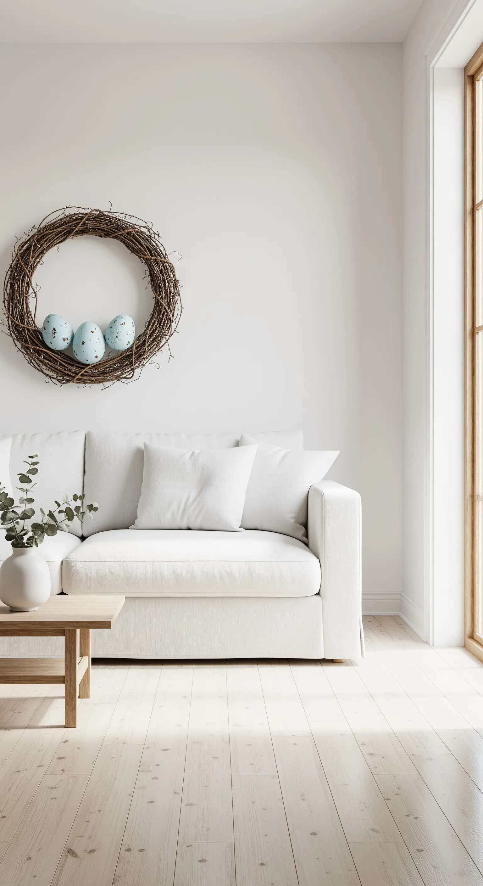 Großer Naturkranz mit drei blauen Eiern als Wanddeko über einem Sofa.