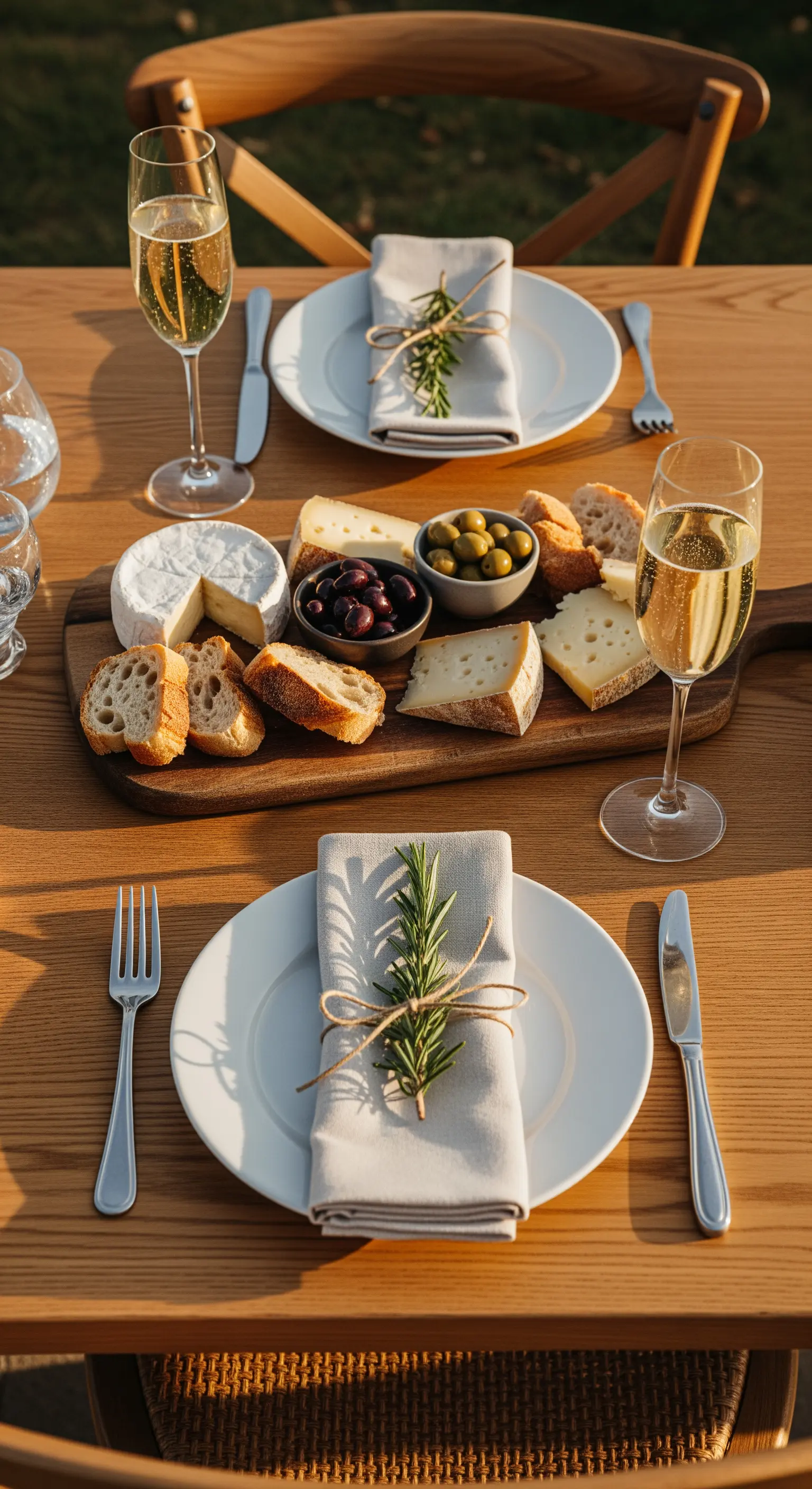 Gedeckter Holztisch mit Käseplatte und einer Serviette, verziert mit einem Rosmarinzweig.