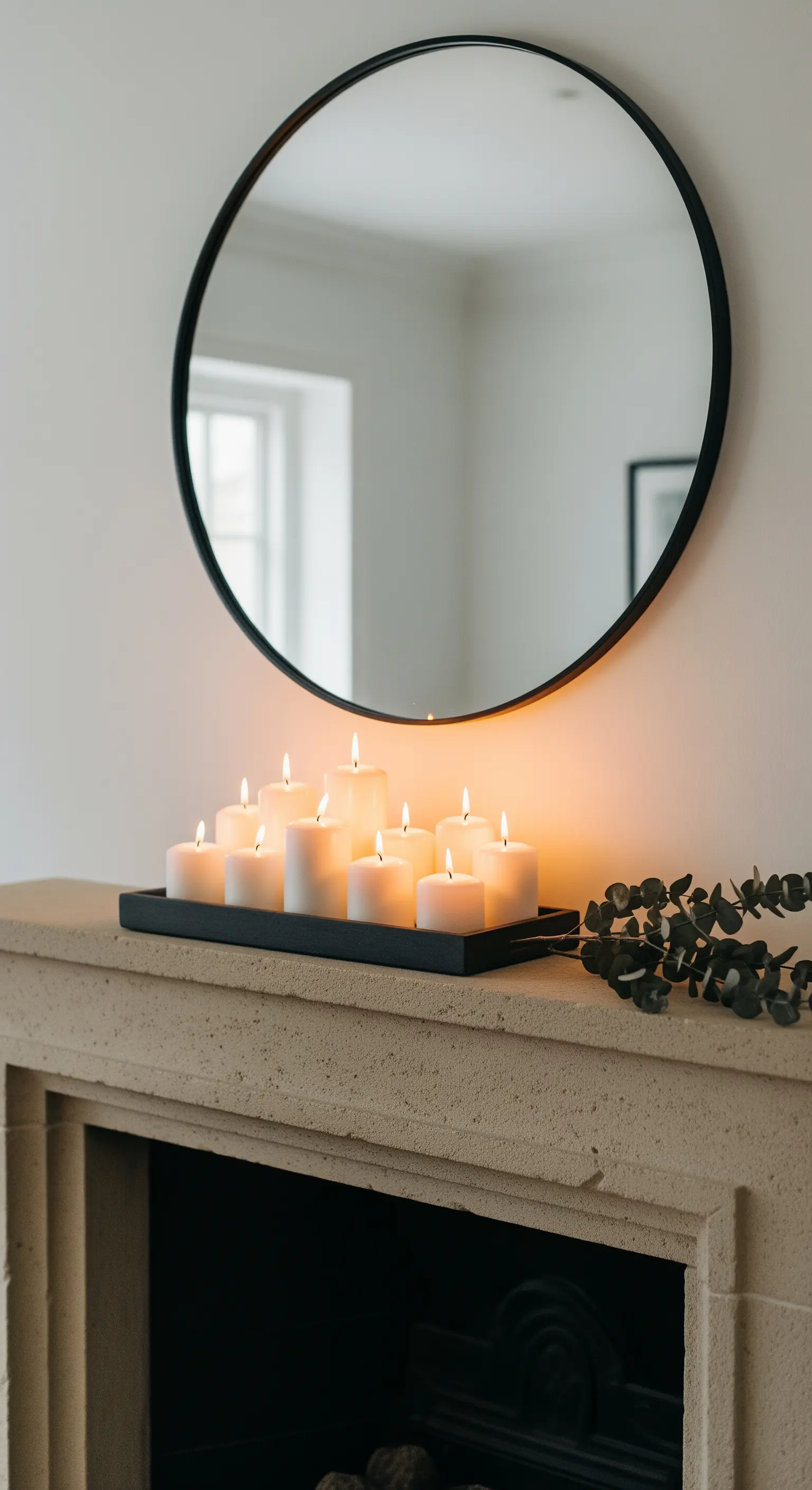 Moderne Kamin Deko mit Kerzen auf schwarzem Tablett und rundem schwarzen Spiegel.