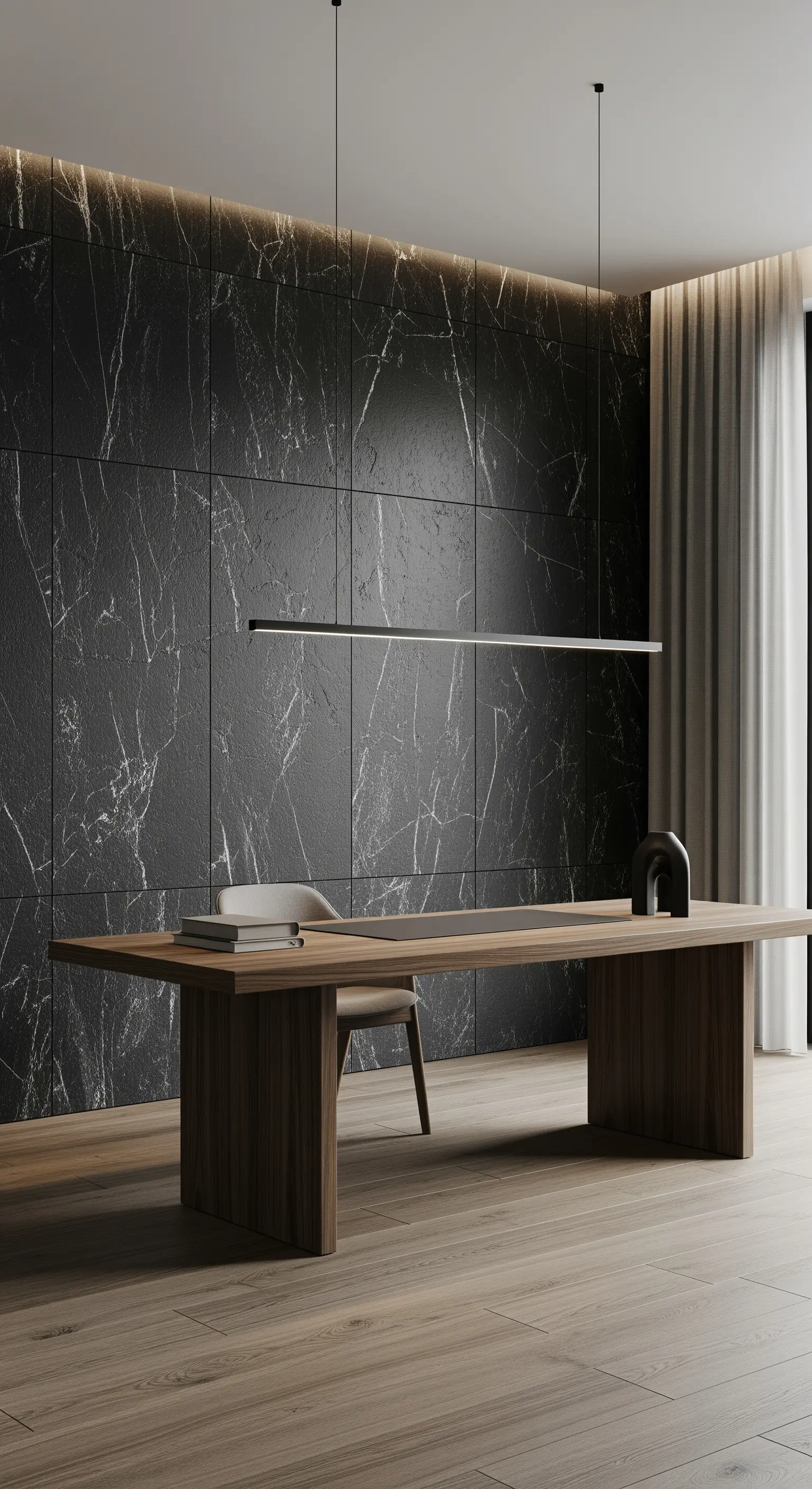 Homeoffice mit schwarzer Marmorfliesenwand und minimalistischem Holztisch.