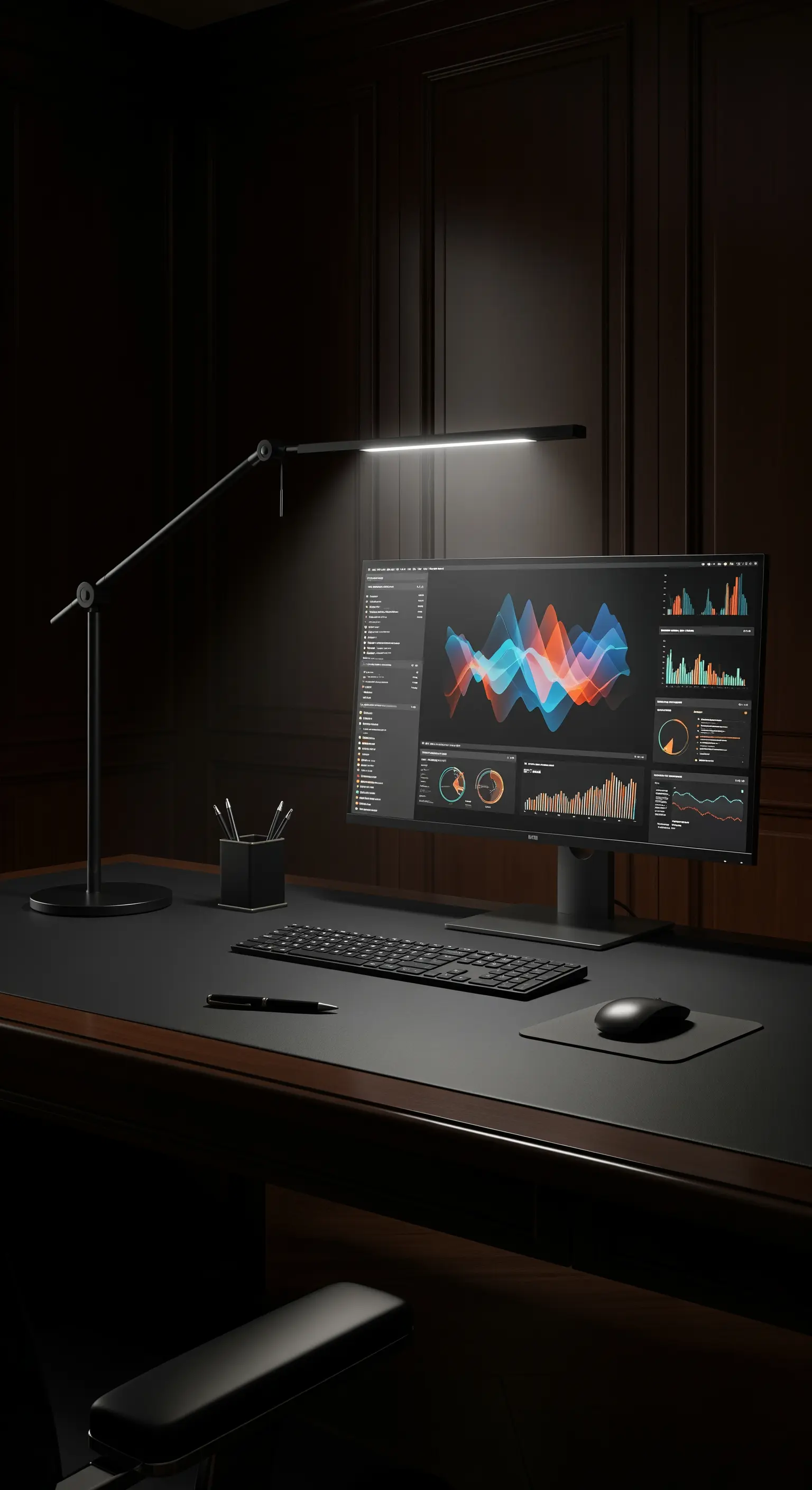 Eleganter Schreibtisch mit moderner Schreibtischlampe, die einen Bildschirm und Tastatur beleuchtet