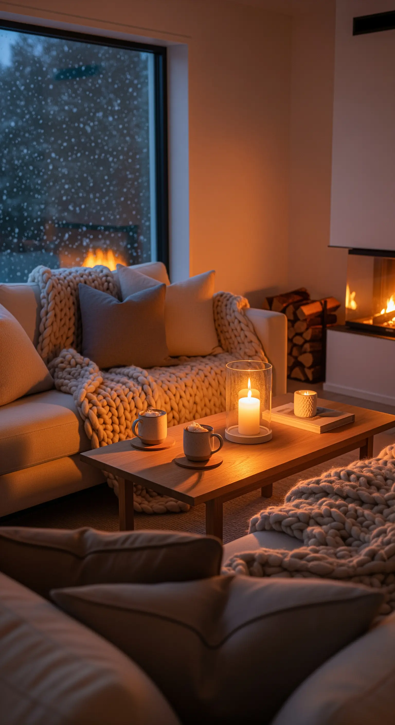 Modernes Wohnzimmer mit Kamin, grobstrickdecke und einer großen Kerze auf dem Couchtisch.