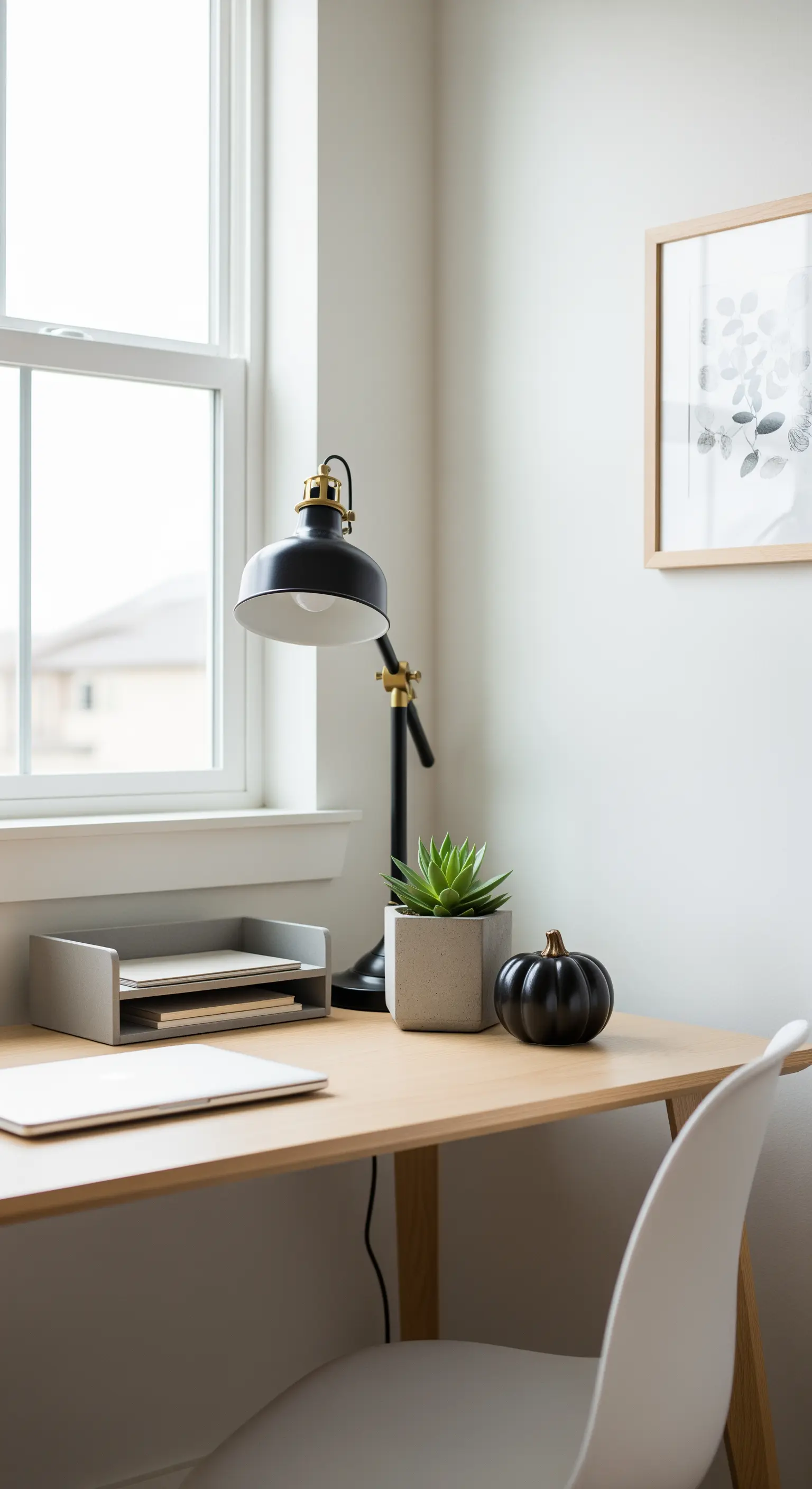 Schreibtisch mit Laptop, Lampe und einem kleinen schwarzen Kürbis