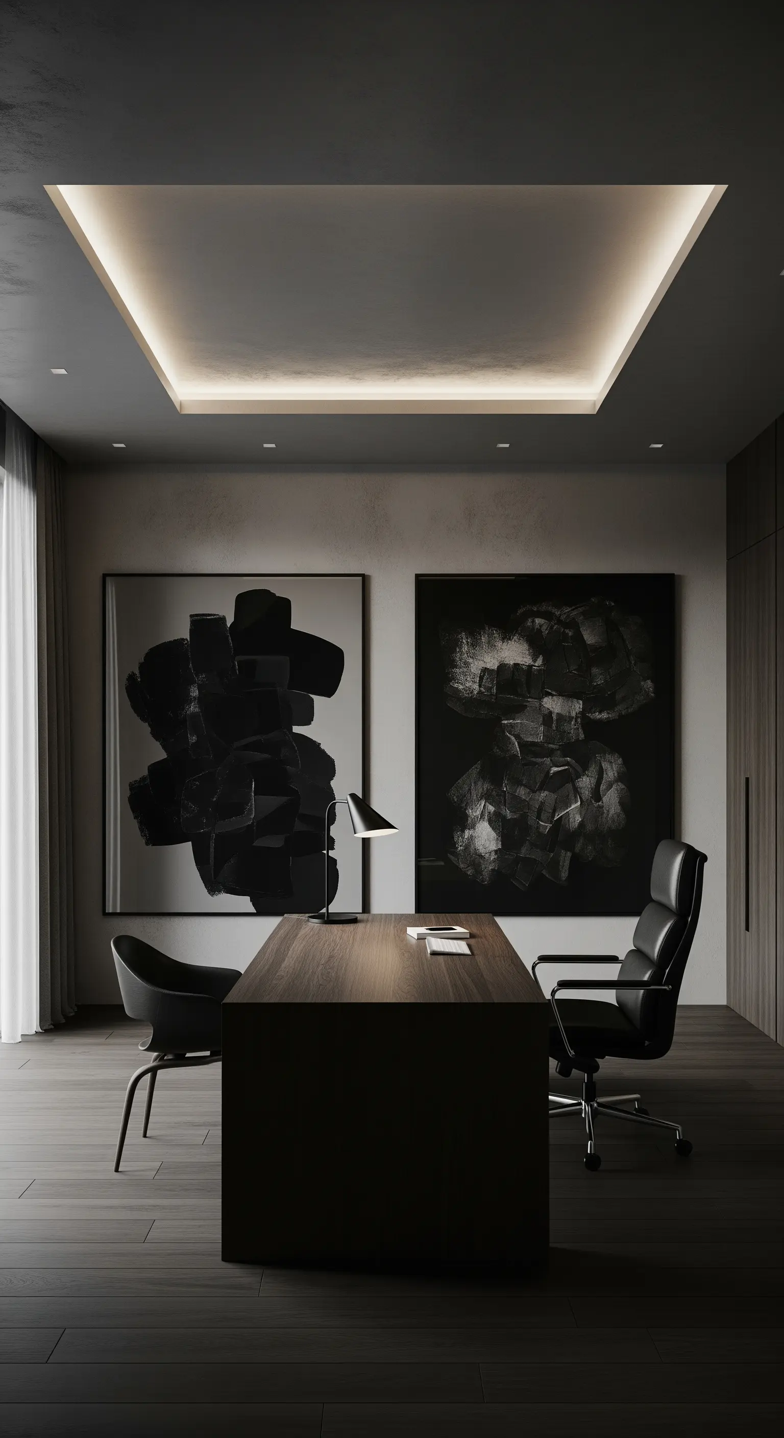 Minimalistisches Homeoffice mit schwebendem Deckenpaneel und indirekter Beleuchtung