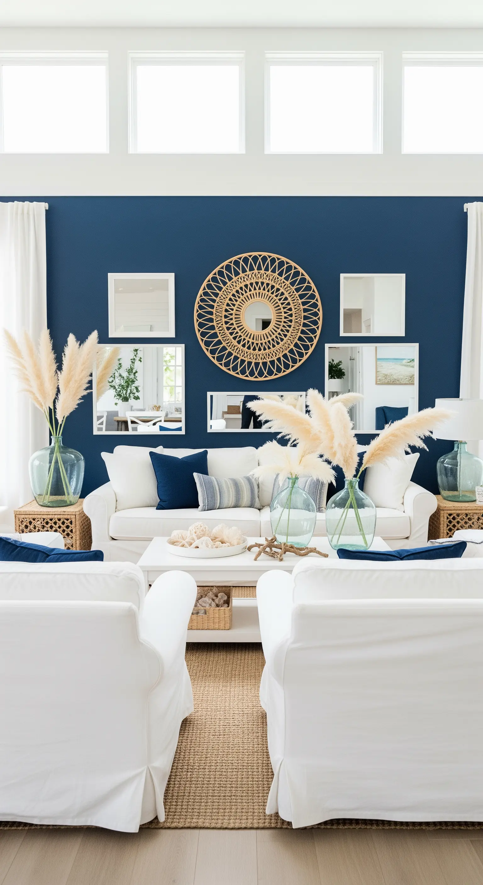 Marineblaue Akzentwand mit Rattan-Spiegel, weißen Sofas und Pampasgras-Vasen.