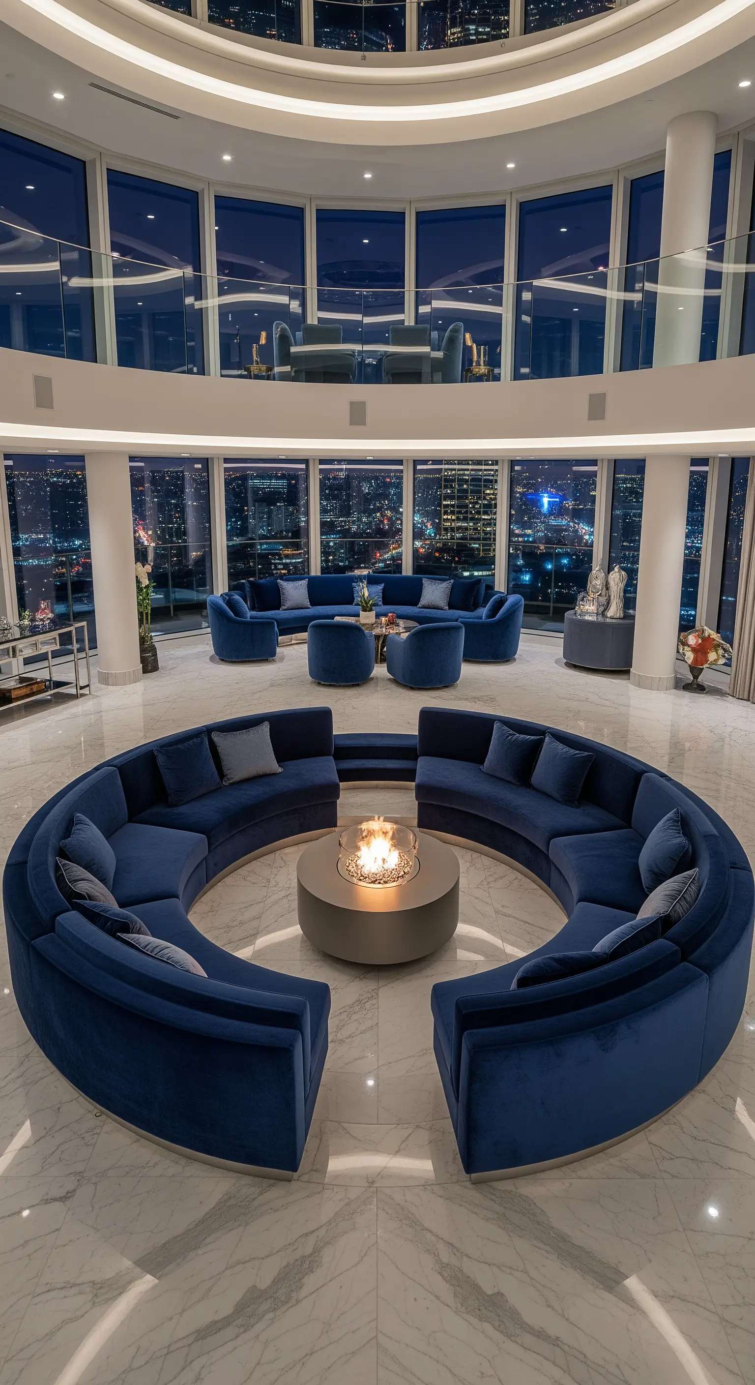 Zweistöckiges Penthouse mit runder, blauer Samt-Sitzgruppe um eine Feuerstelle.