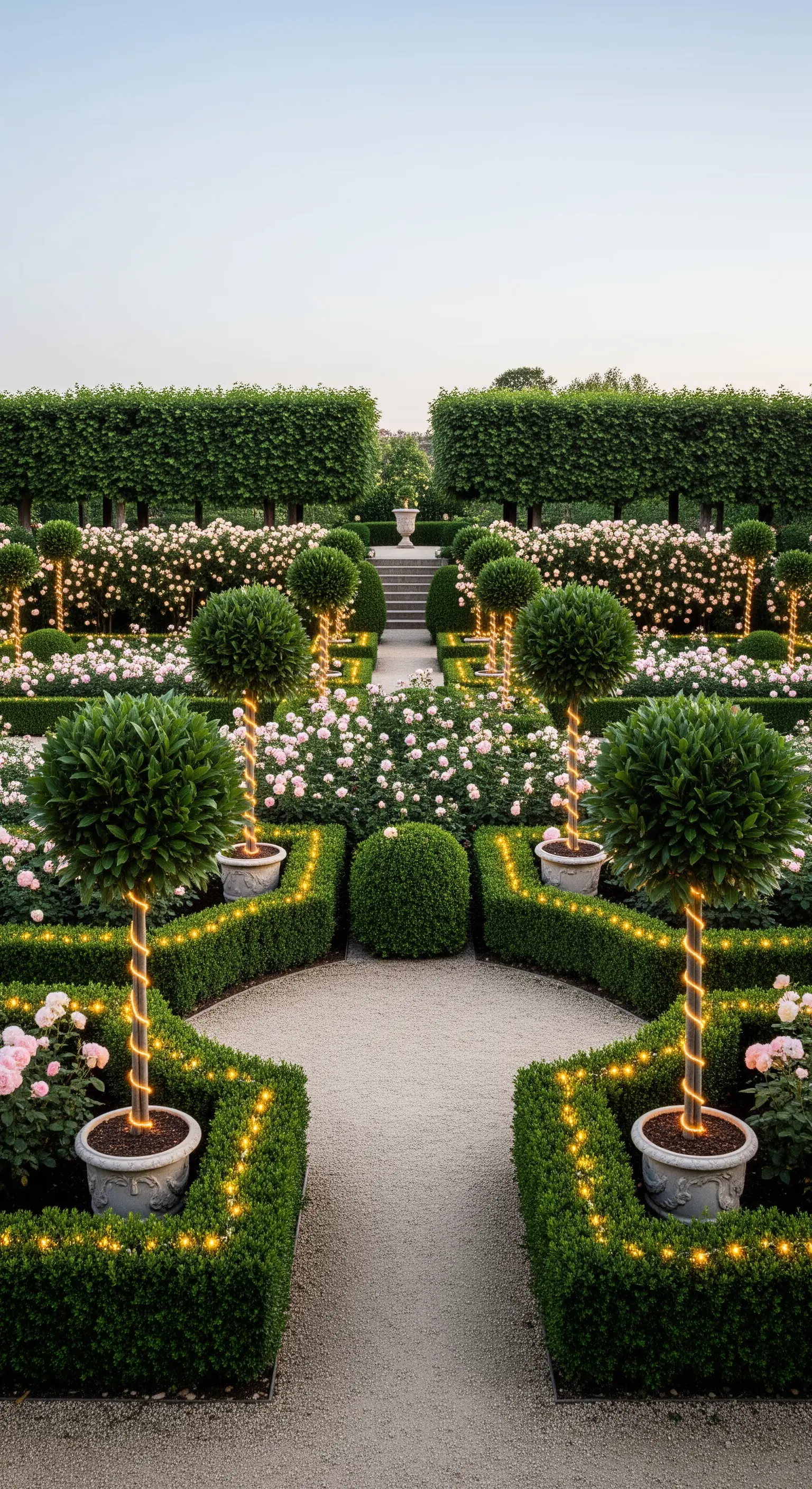 Ein formaler Garten mit Formschnitt-Bäumen und Hecken, die präzise mit Lichterketten umwickelt sind.