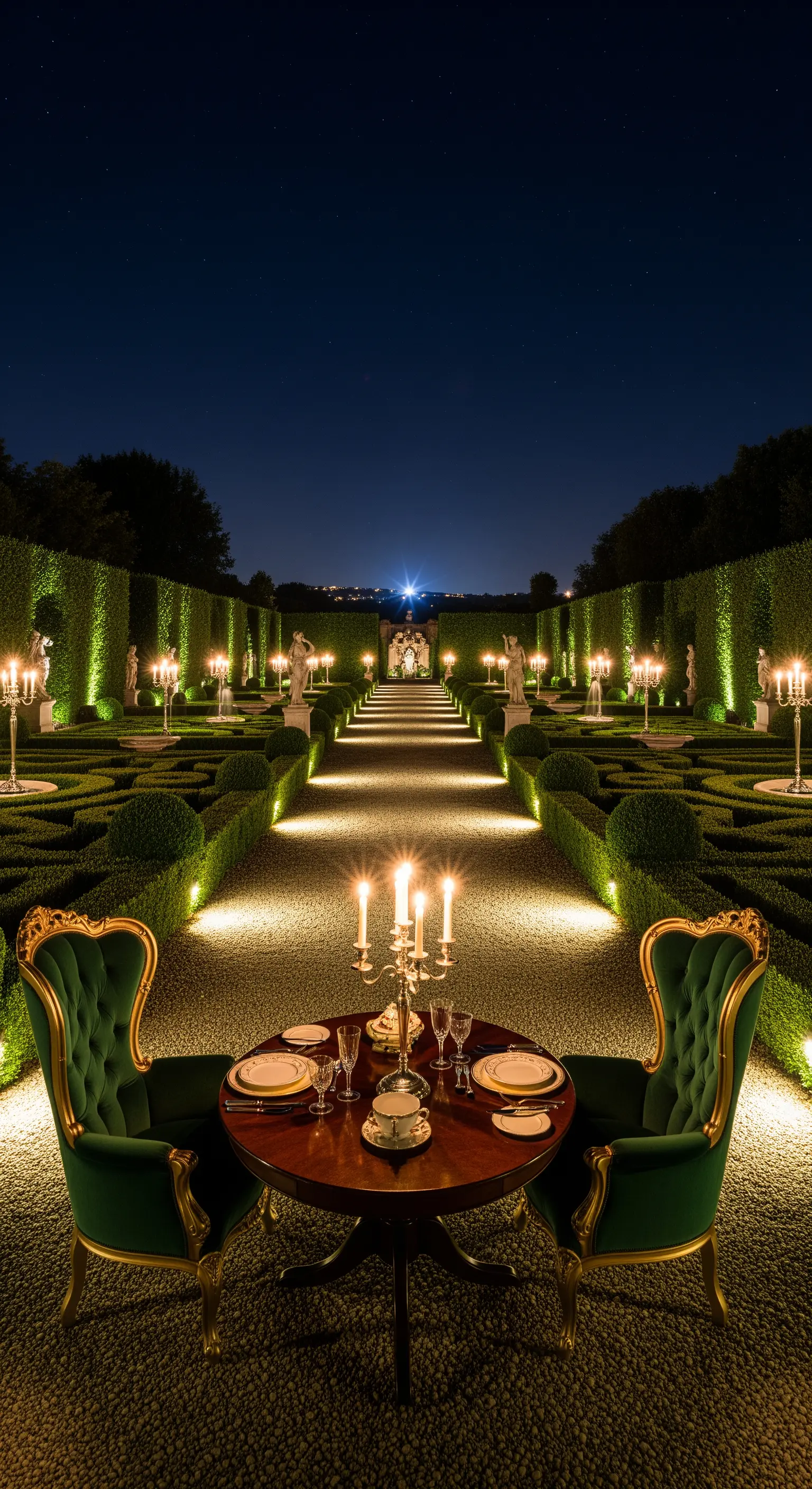 Opulenter Tisch mit Samtstühlen in einem formalen Barockgarten bei Nacht