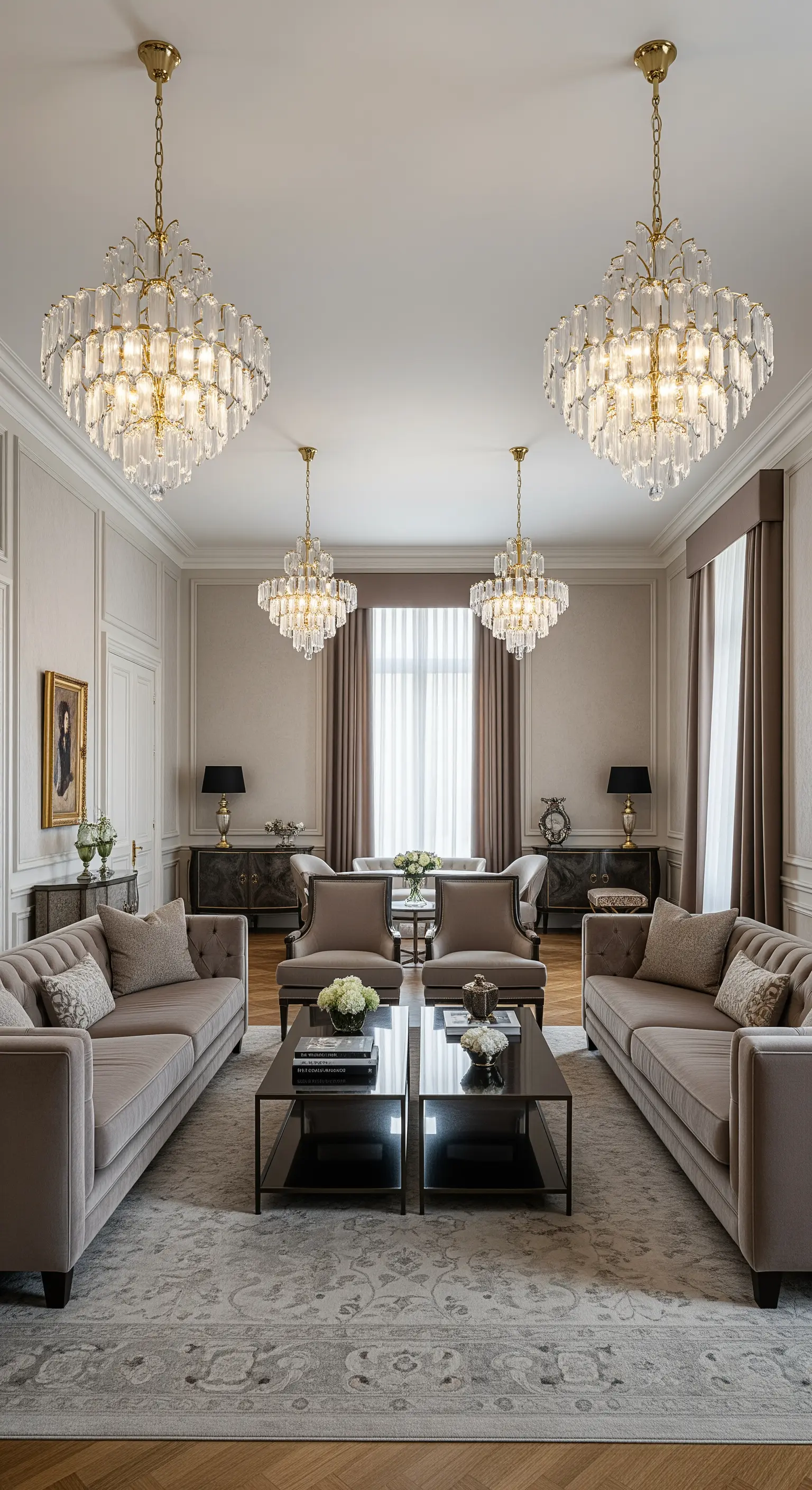 Formelles Wohnzimmer mit zwei gegenüberstehenden Sofas und vier identischen Kristallleuchtern.