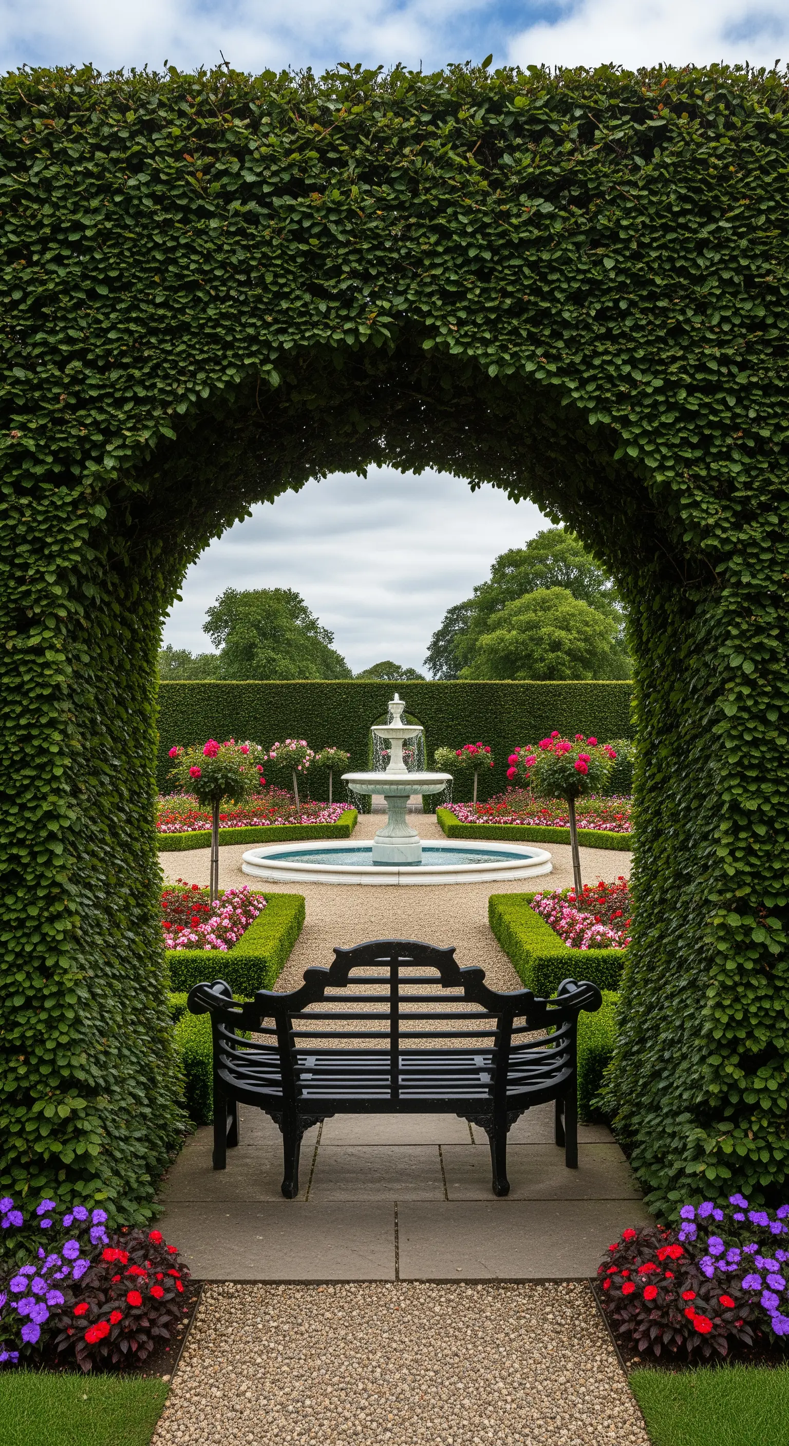 Heckenbogen mit Gusseisenbank, Brunnen und formalen Rosenbeeten im Hintergrund