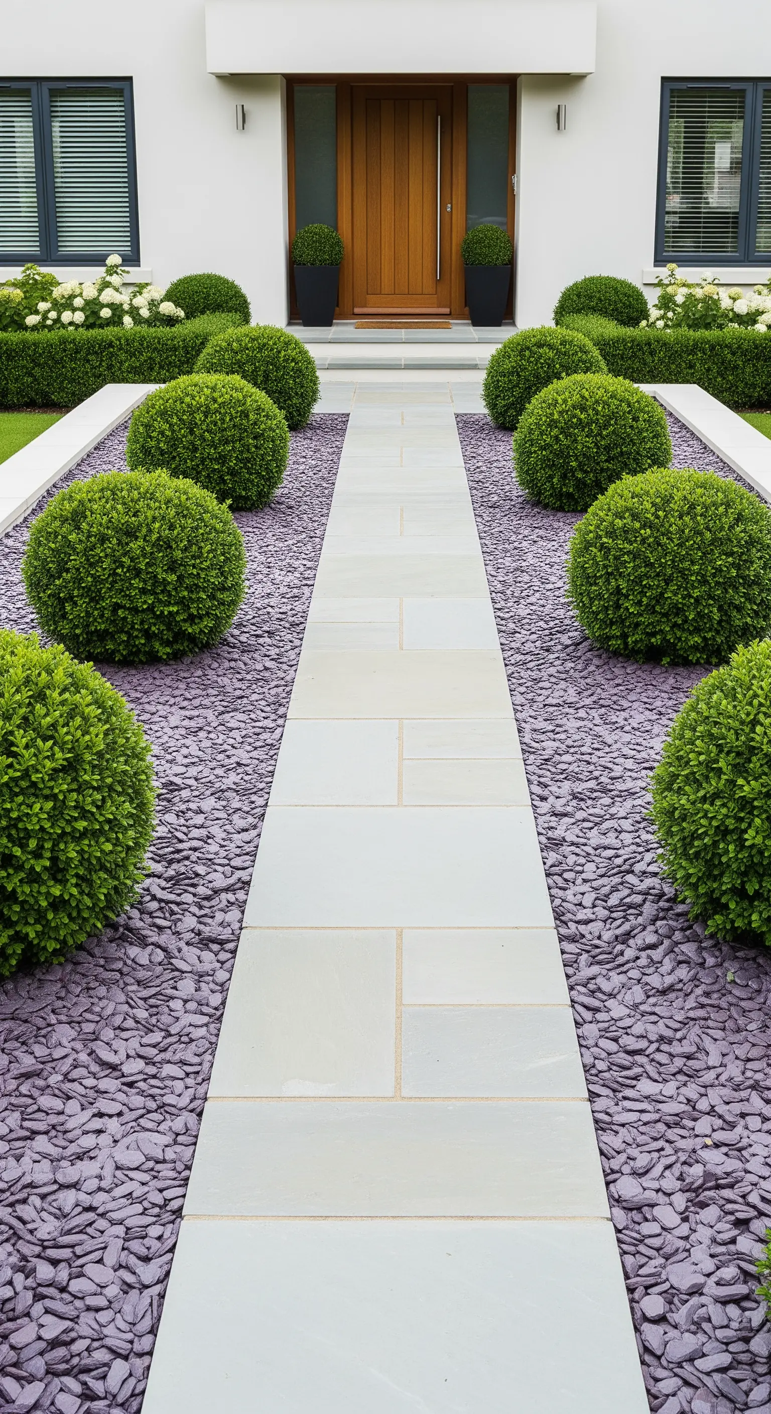 Japandi Eingangsweg mit Pflasterplatten, Schieferchips und Buchsbaumkugeln