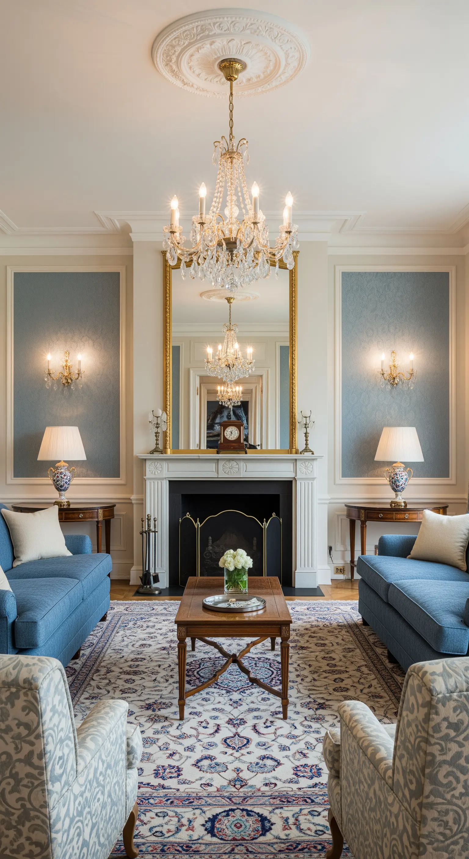 Traditionelles Wohnzimmer mit symmetrischer Anordnung, blauen Sofas und Goldspiegel.