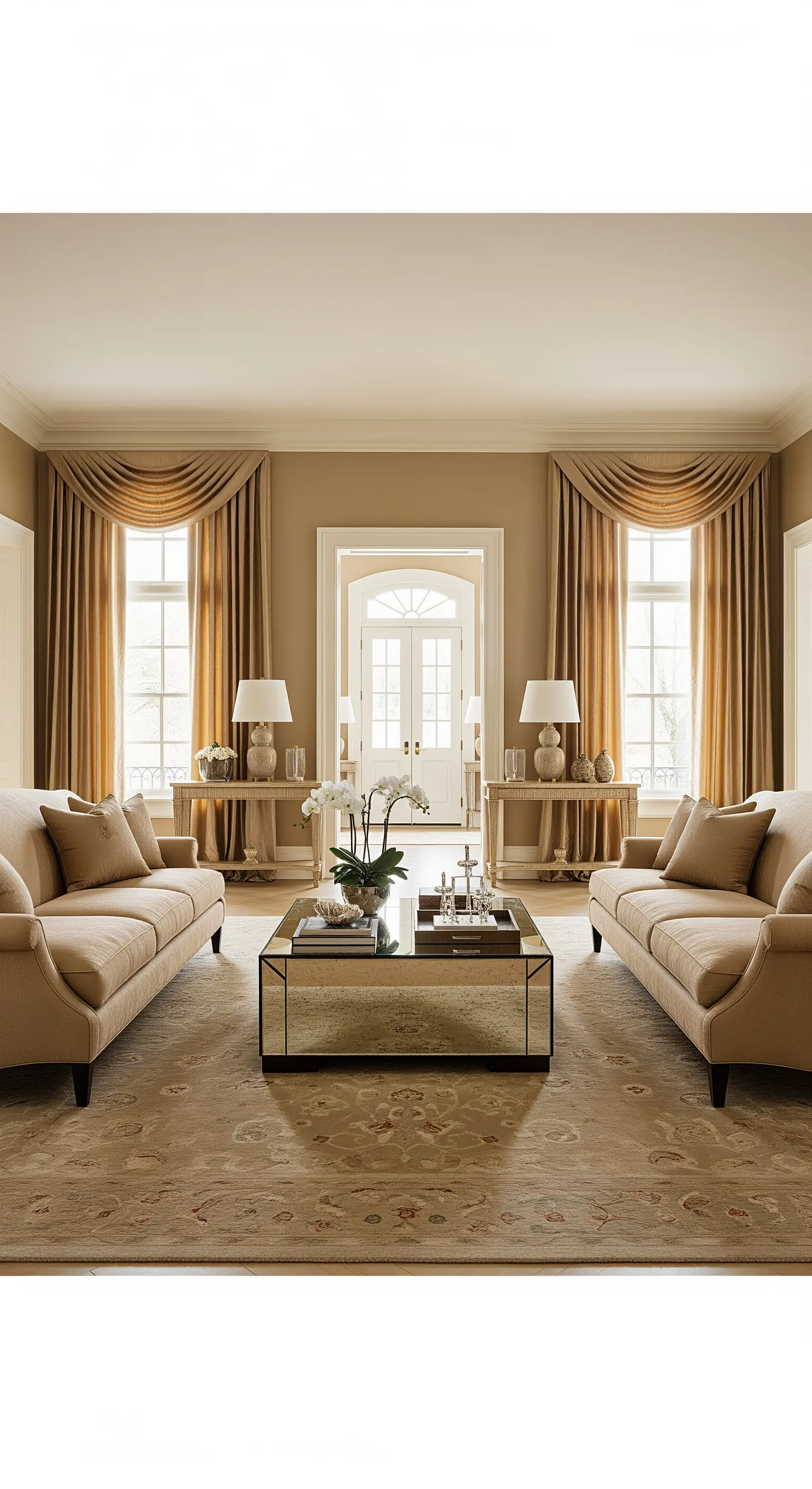 Formelles Wohnzimmer mit opulenten Vorhängen und symmetrisch platzierten Sofas.