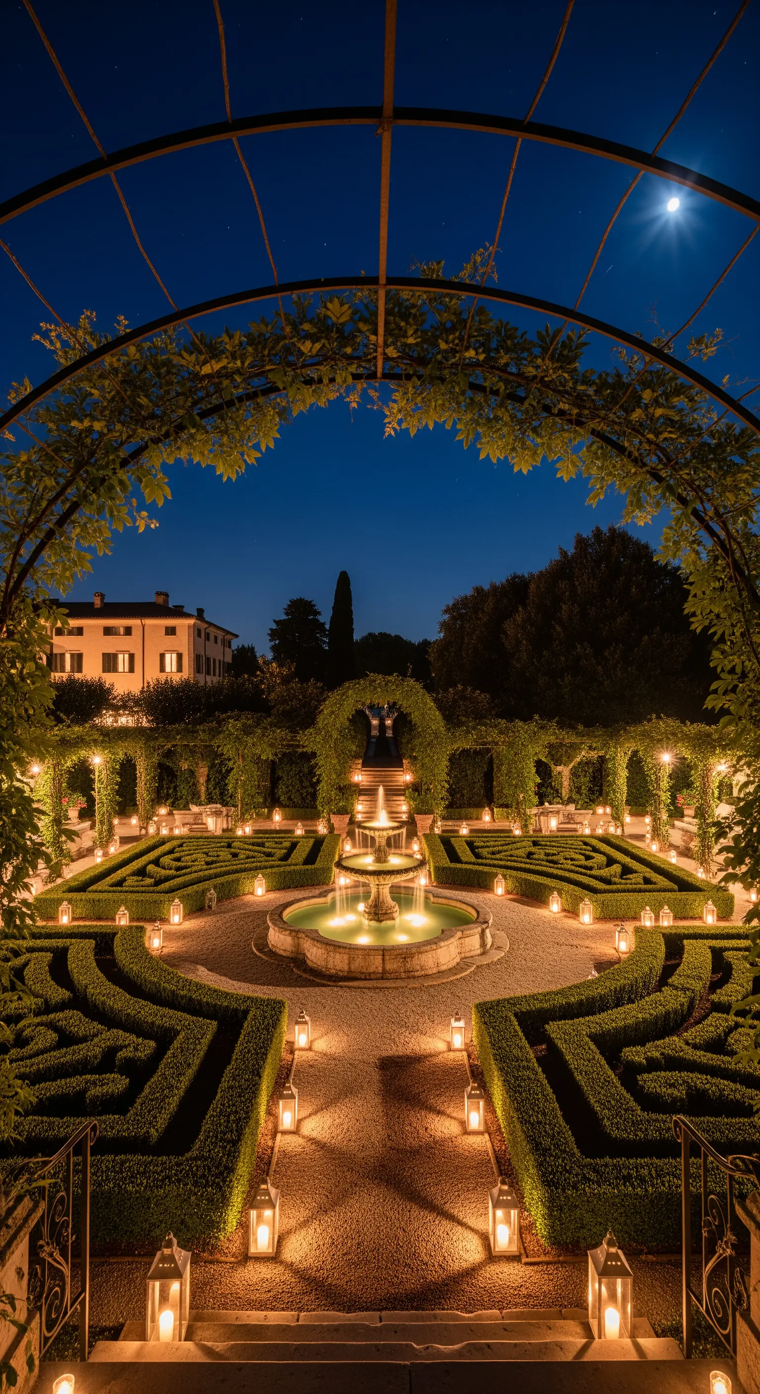 Formeller Garten mit Brunnen, Laternengängen und Hecken bei Nacht