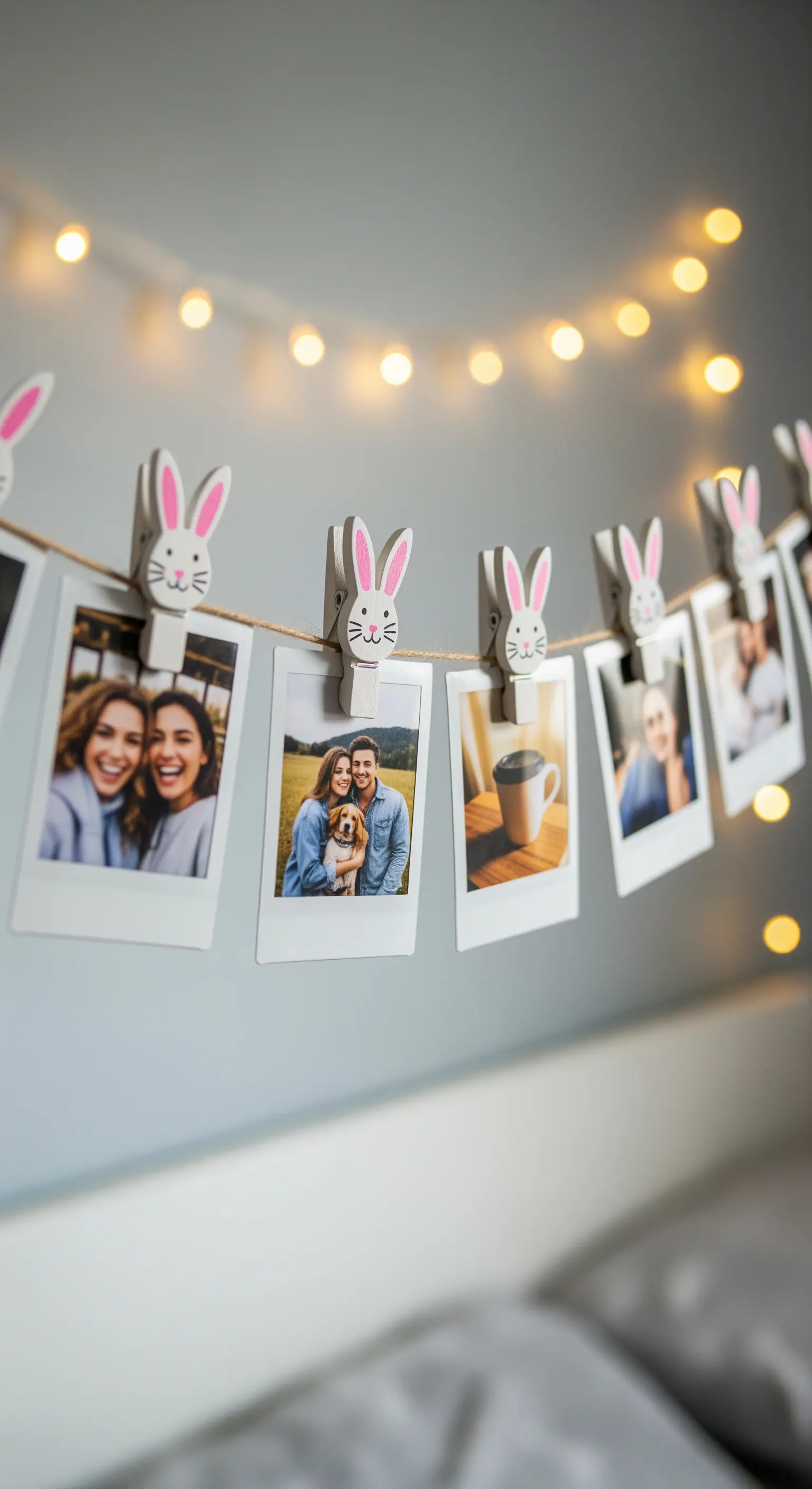 Fotogirlande mit Hasen-Wäscheklammern und Lichterkette an der Wand