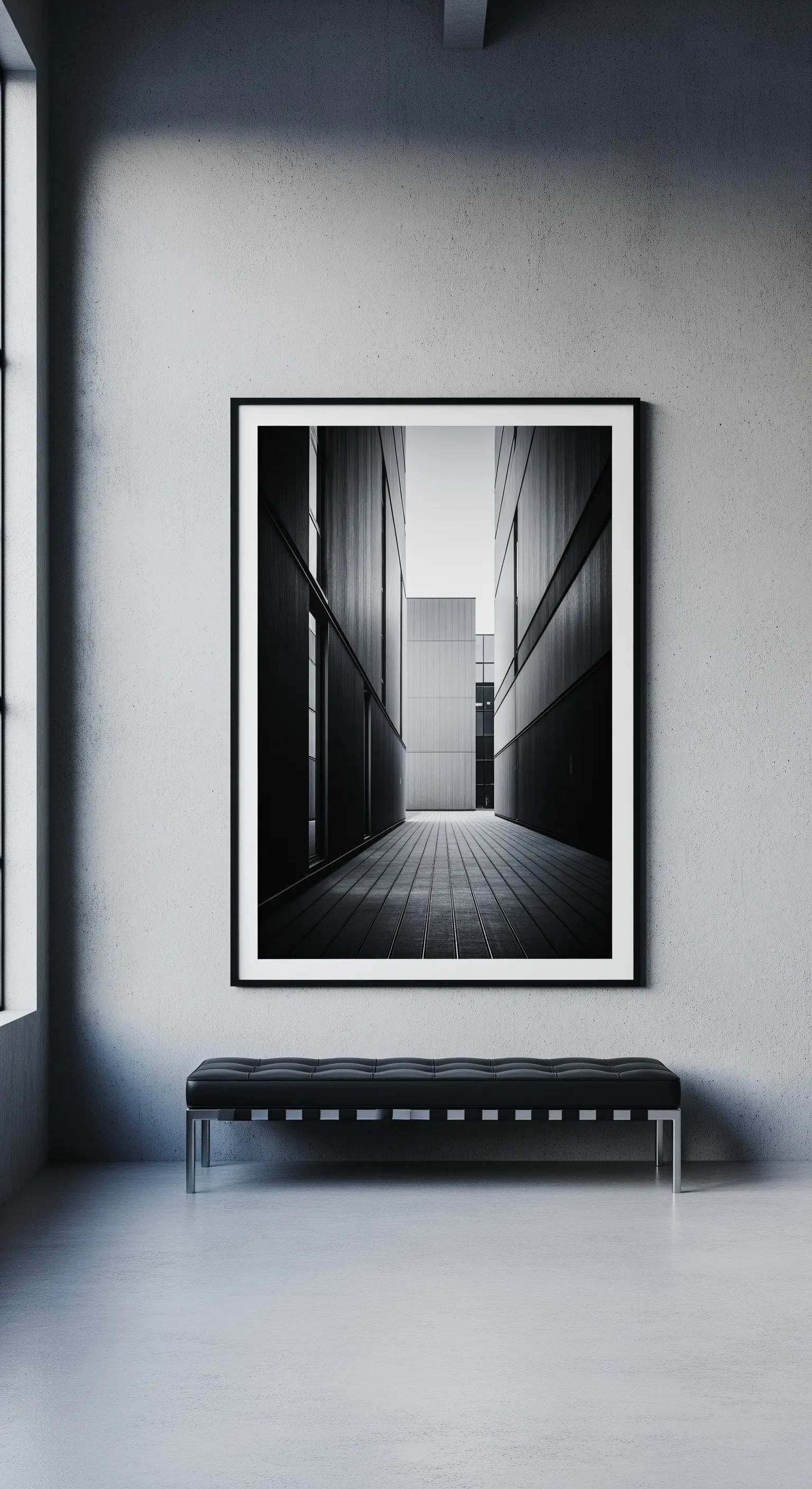 Große Schwarz-Weiß-Fotografie von moderner Architektur in einem Betonraum.