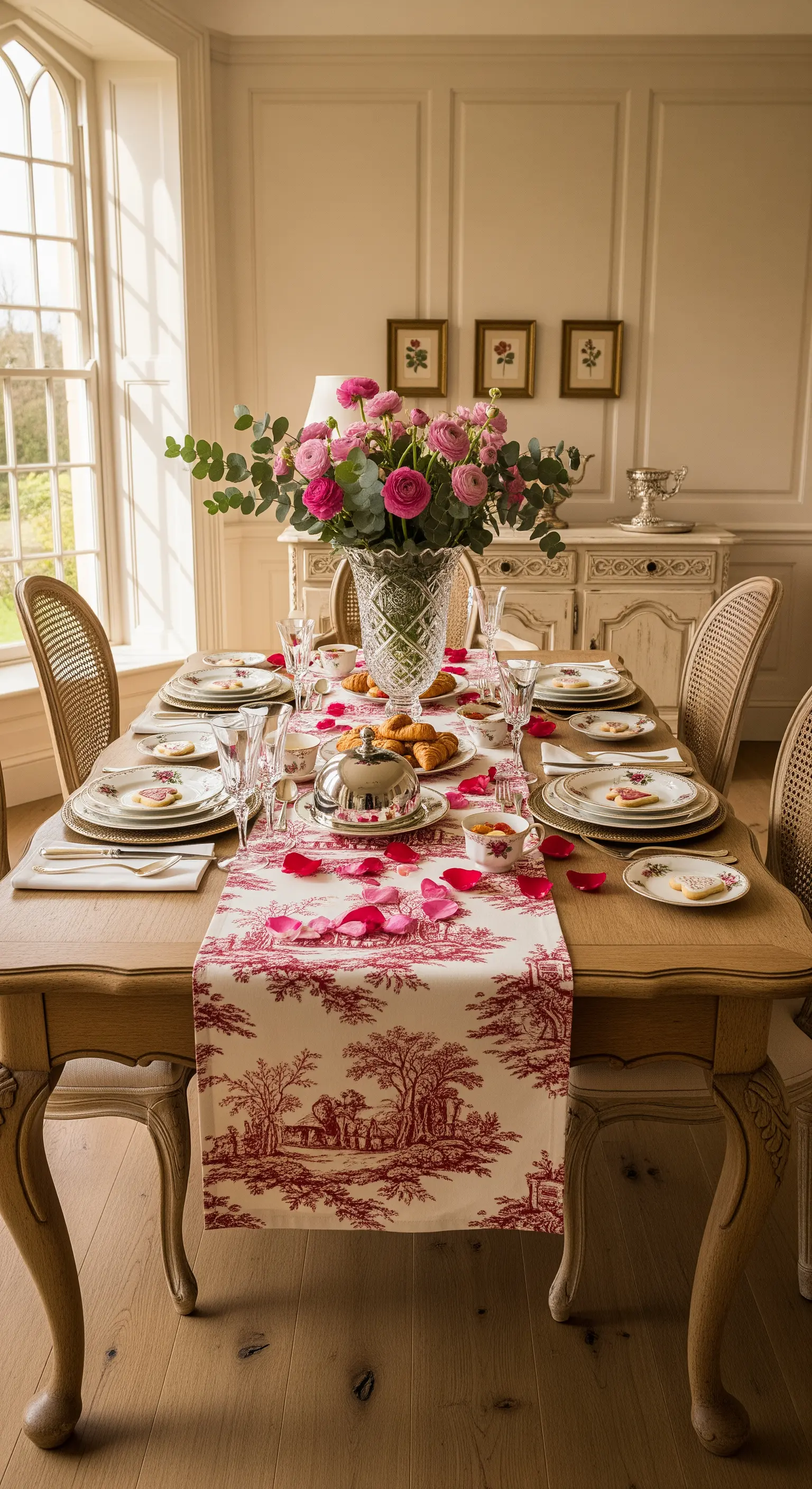 Eleganter Esstisch, Toile de Jouy, rosa Rosen, Goldporzellan, Rosenblätter, französische Eleganz