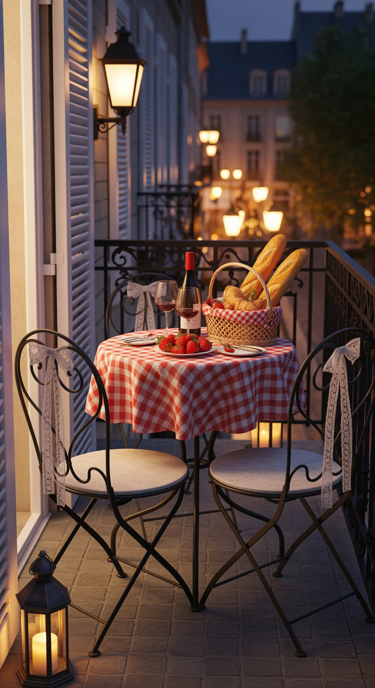 Romantischer französischer Balkon mit Bistrotisch, kariertem Tuch und Laterne.