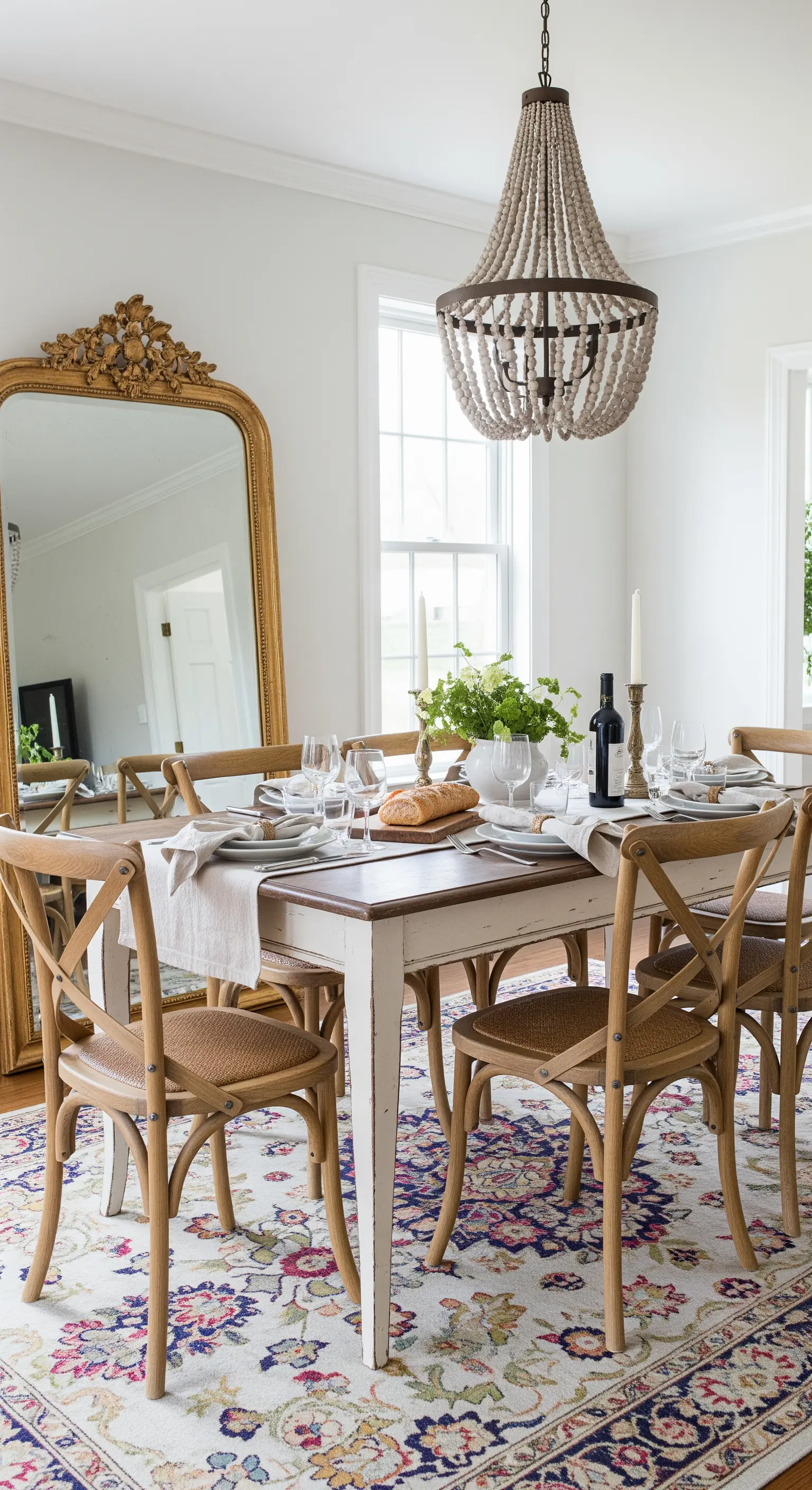 Esszimmer im Landhausstil mit großem, goldenem Vintage-Spiegel an der Wand.