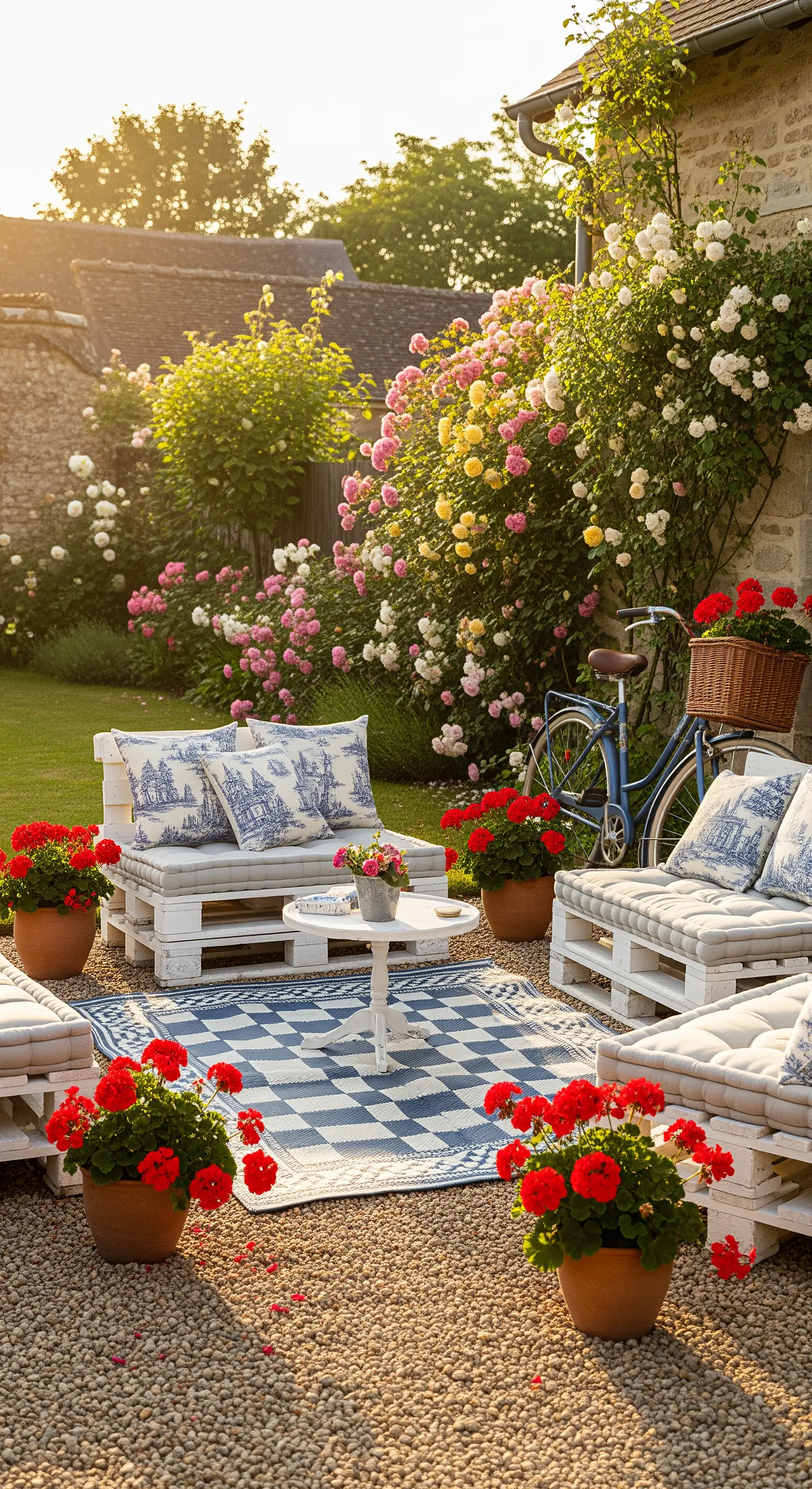 Weiße Palettenbänke mit Toile-de-Jouy-Kissen, blau-weißem Teppich und roten Geranien in Tontöpfen.