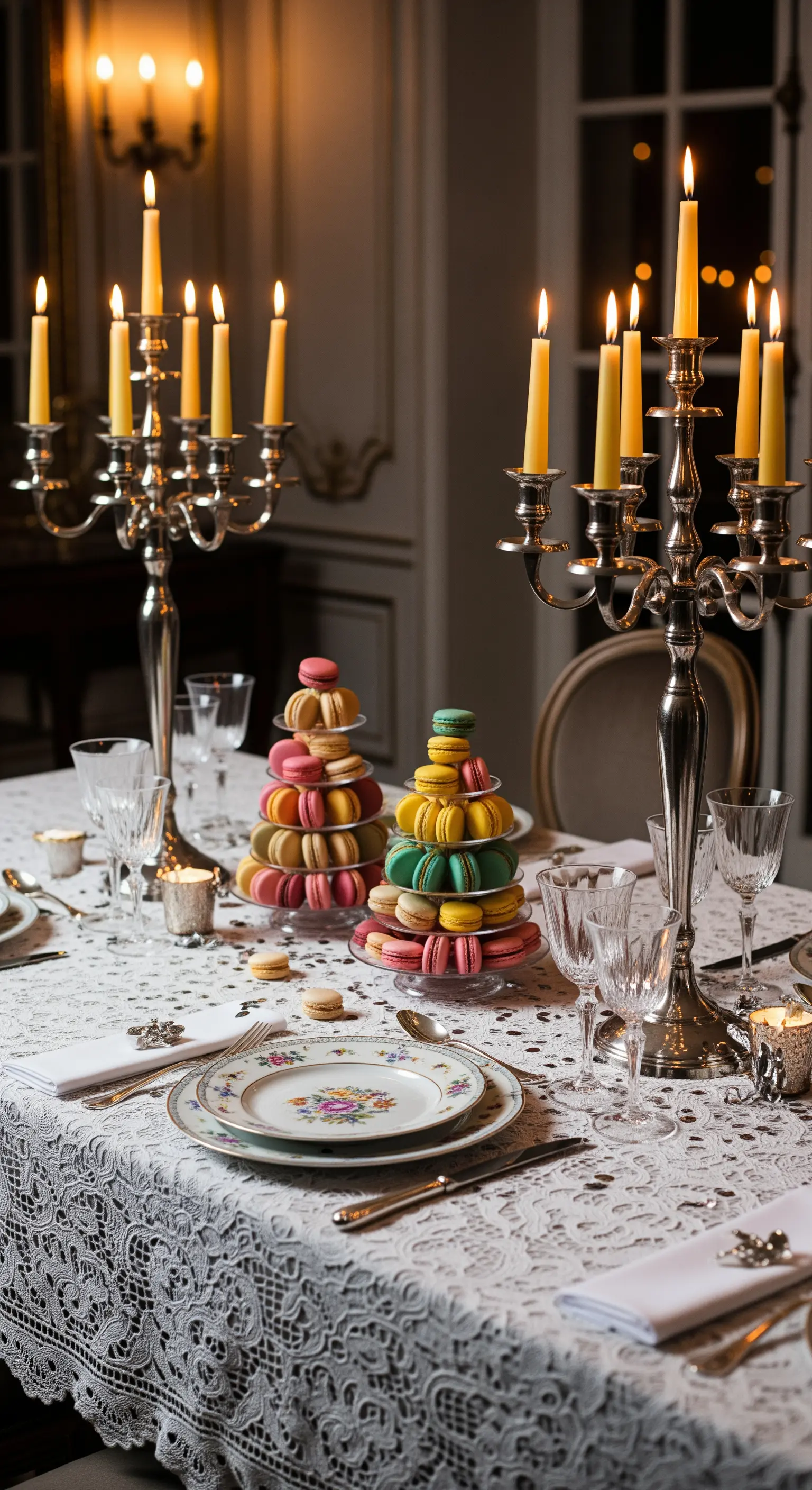 Rokoko-Tisch mit Spitzen-Tischdecke, silbernen Kerzenleuchtern und bunten Macaron-Türmen.