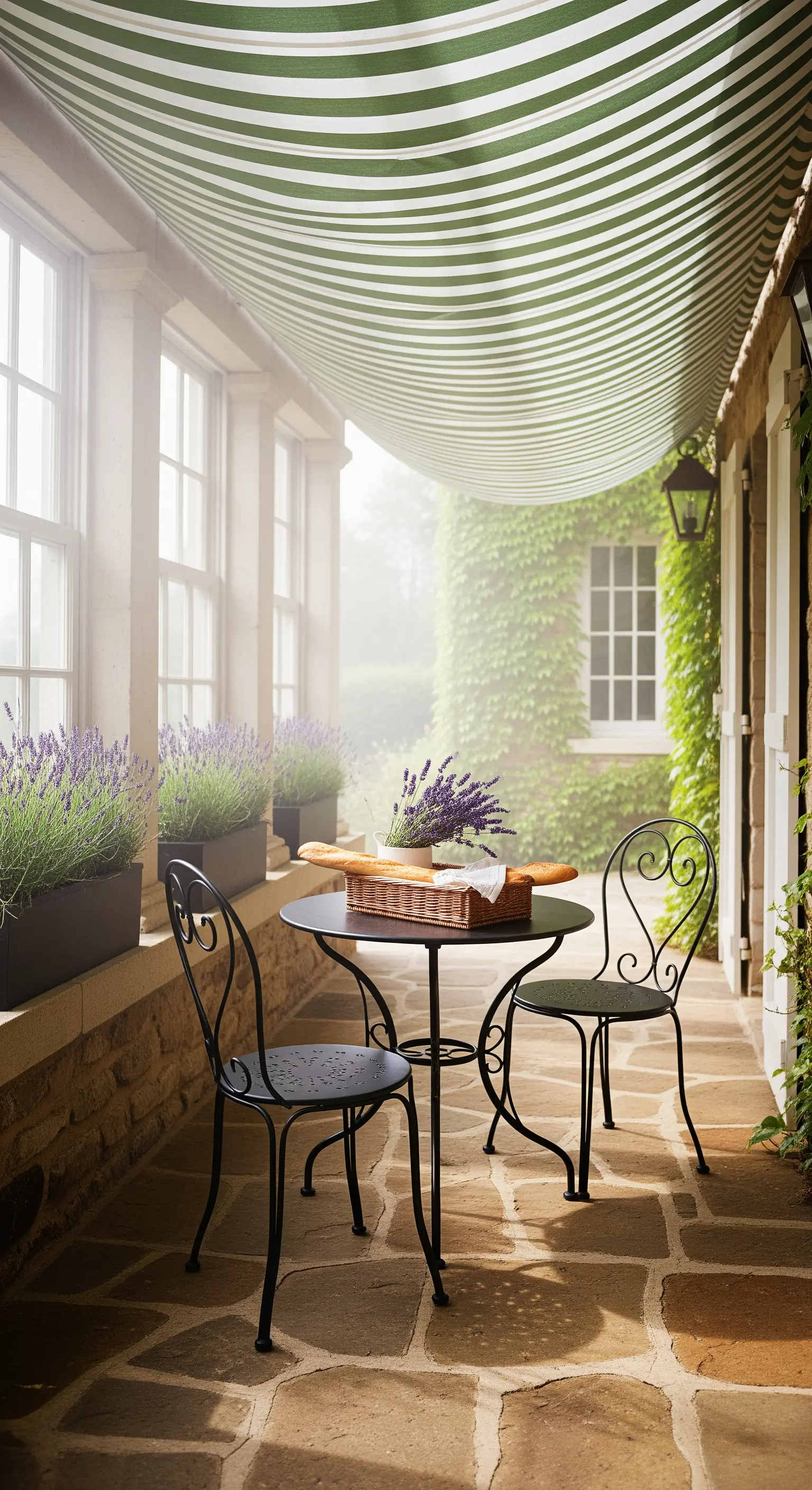 Französisches Café auf Veranda mit gestreifter Markise, schmiedeeisernen Möbeln und Lavendel