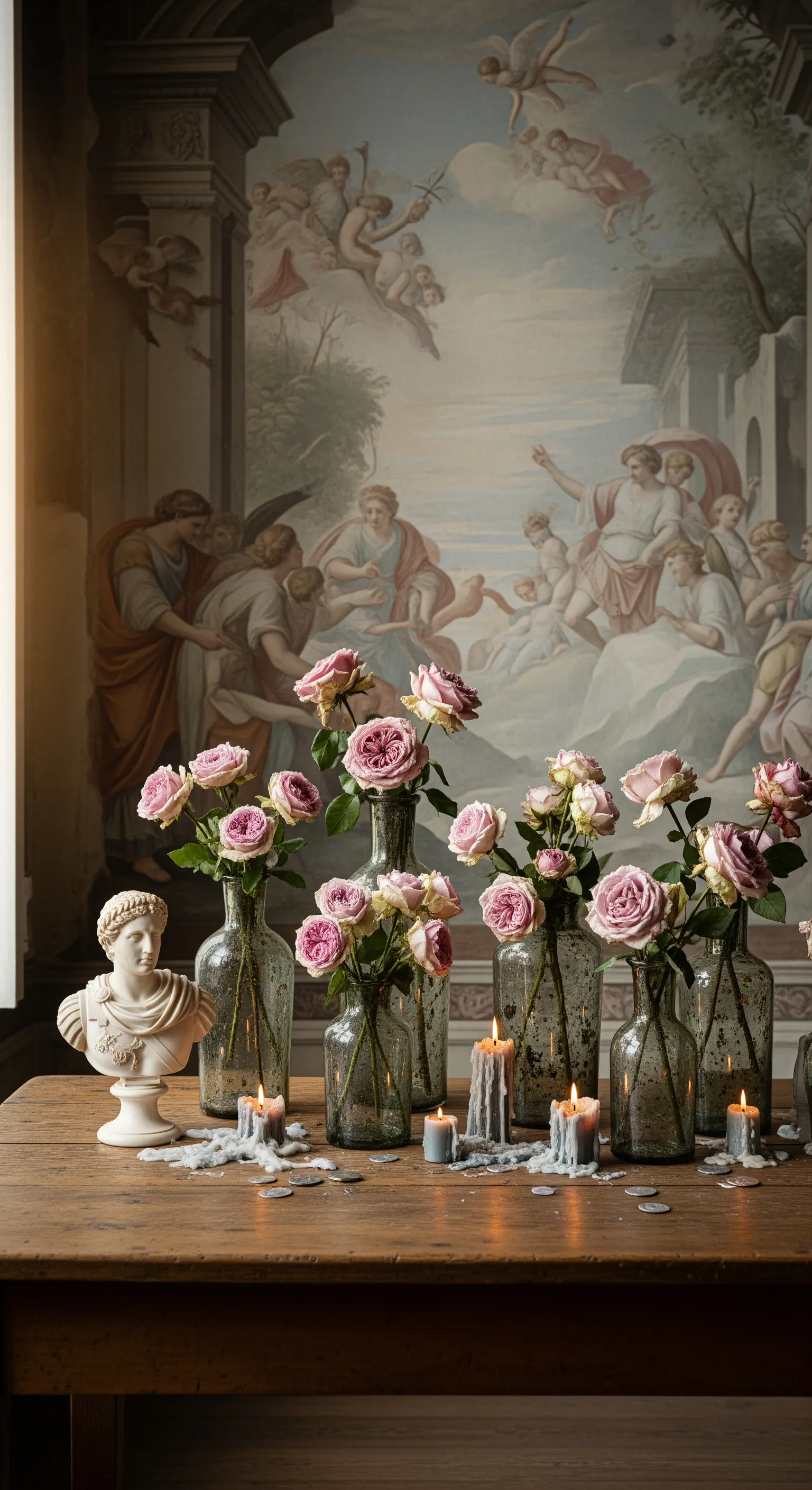 Stillleben-Tischdeko mit rosa Rosen vor einem alten Wandgemälde.