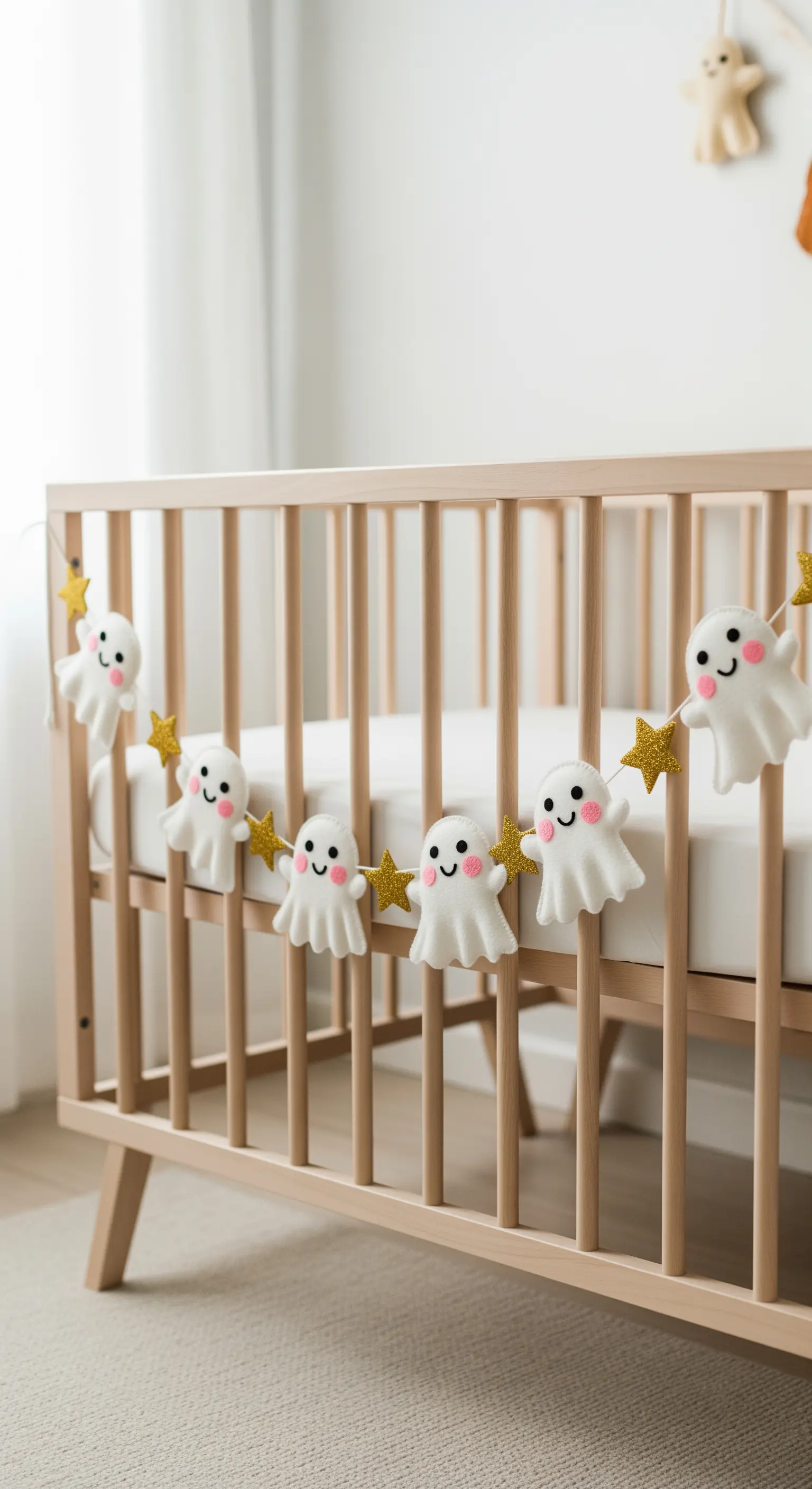 Eine handgefertigte Filz-Girlande mit kleinen Geistern und goldenen Sternen an einem Holz-Babybett.