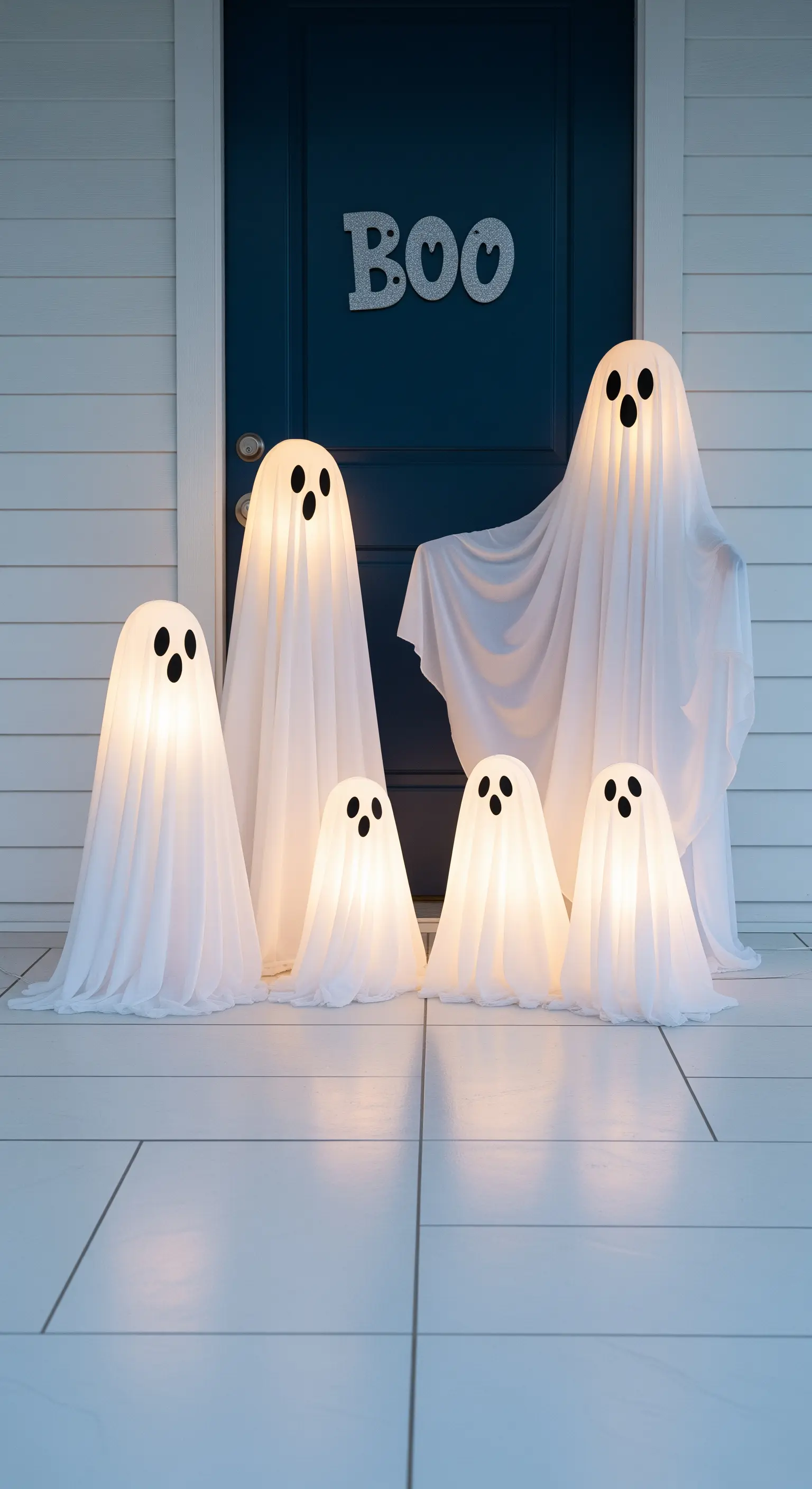 Leuchtende Geisterfamilie aus weißen Stoffen mit schwarzen Augen vor einer blauen Haustür.