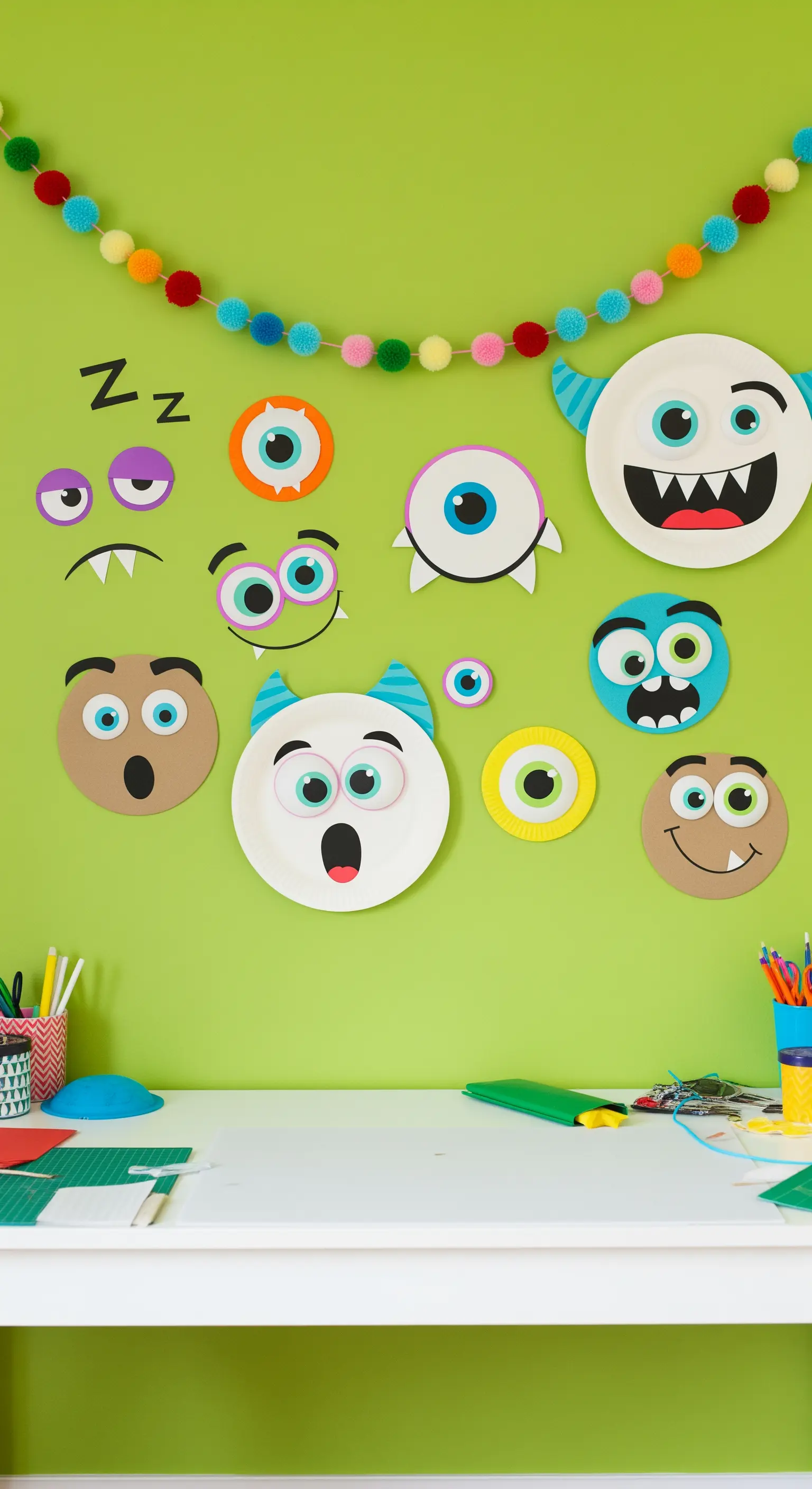 Bunte Monstergesichter aus Papptellern an einer grünen Wand im Kinderzimmer.