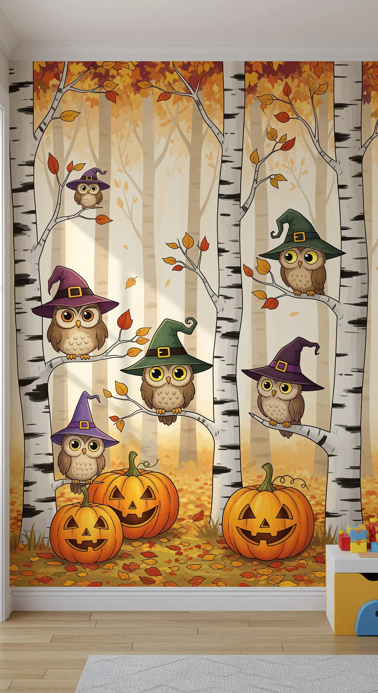 Eine Tapete mit einem Birkenwald-Motiv, in dem niedliche Eulen mit Hexenhüten und Kürbisse zu sehen sind.