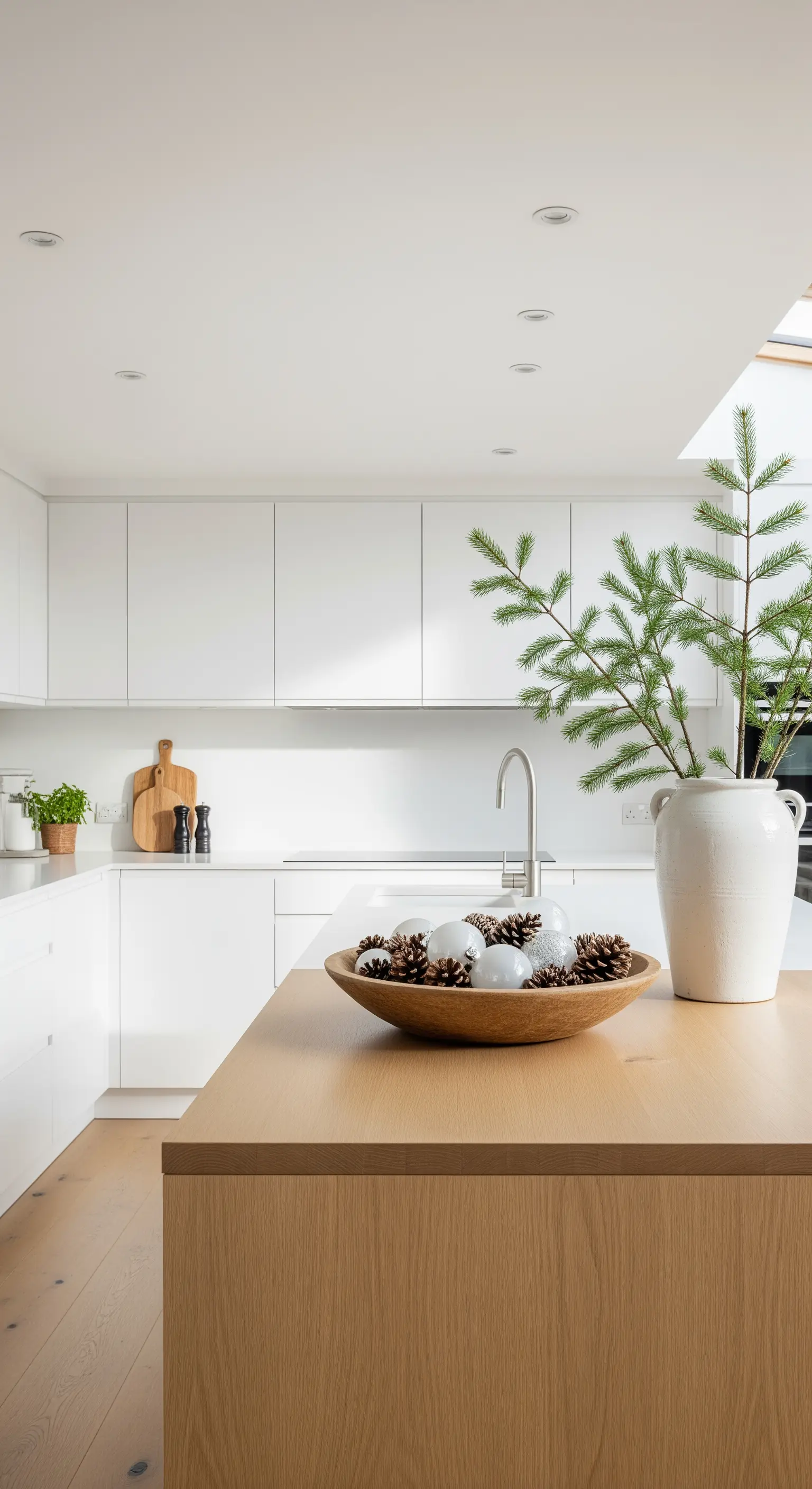 Kücheninsel mit Tannenzweig in Vase und Holzschale mit Zapfen