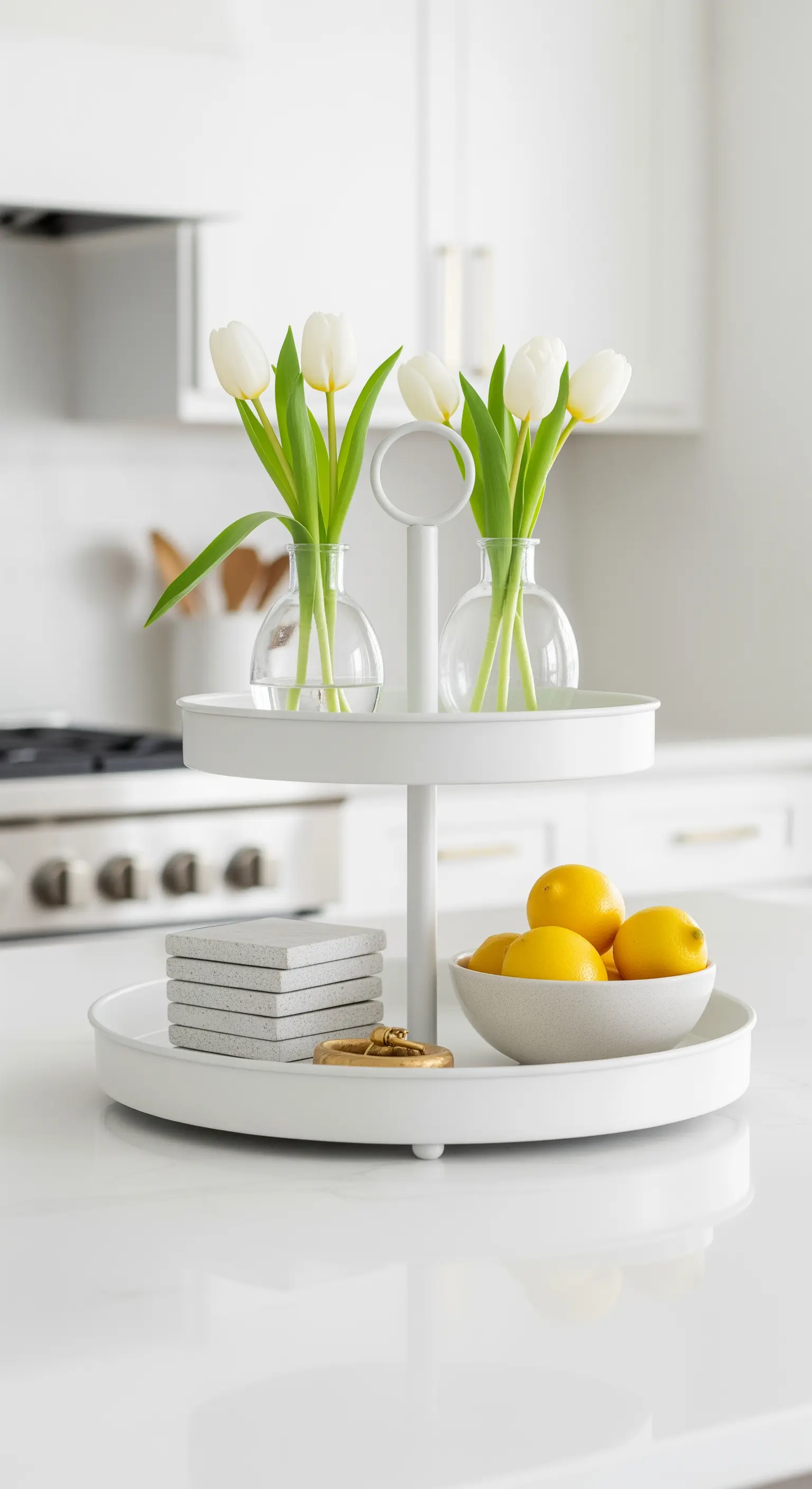 Weiße Etagere mit Tulpen und Zitronen