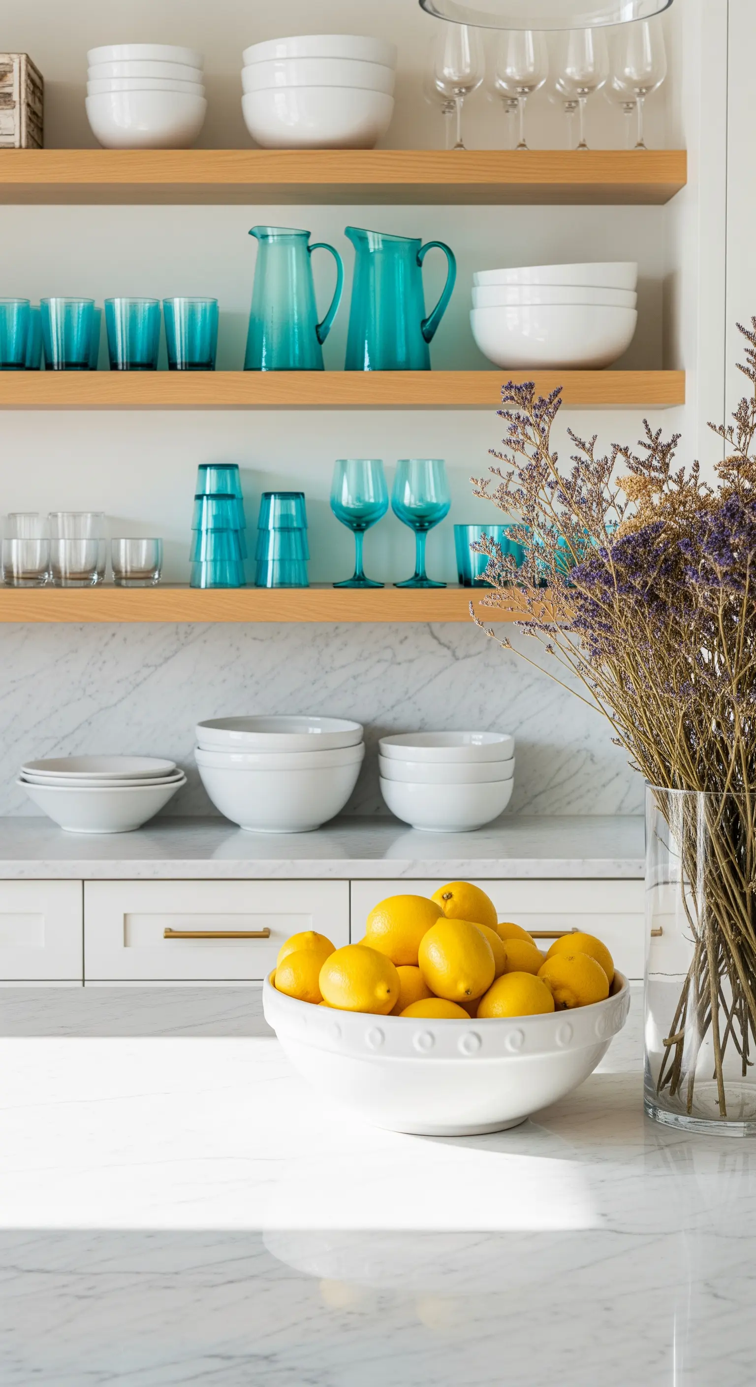 Küche mit offenen Regalen, türkisen Gläsern, Zitronenschale, getrockneten Blumen