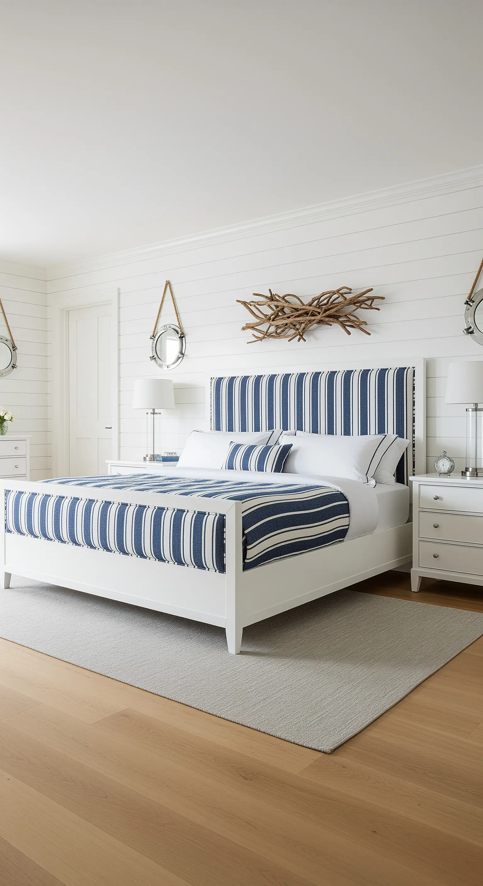 Weißes Bett mit marineblau-weiß gestreiftem Polster in einem hellen Raum
