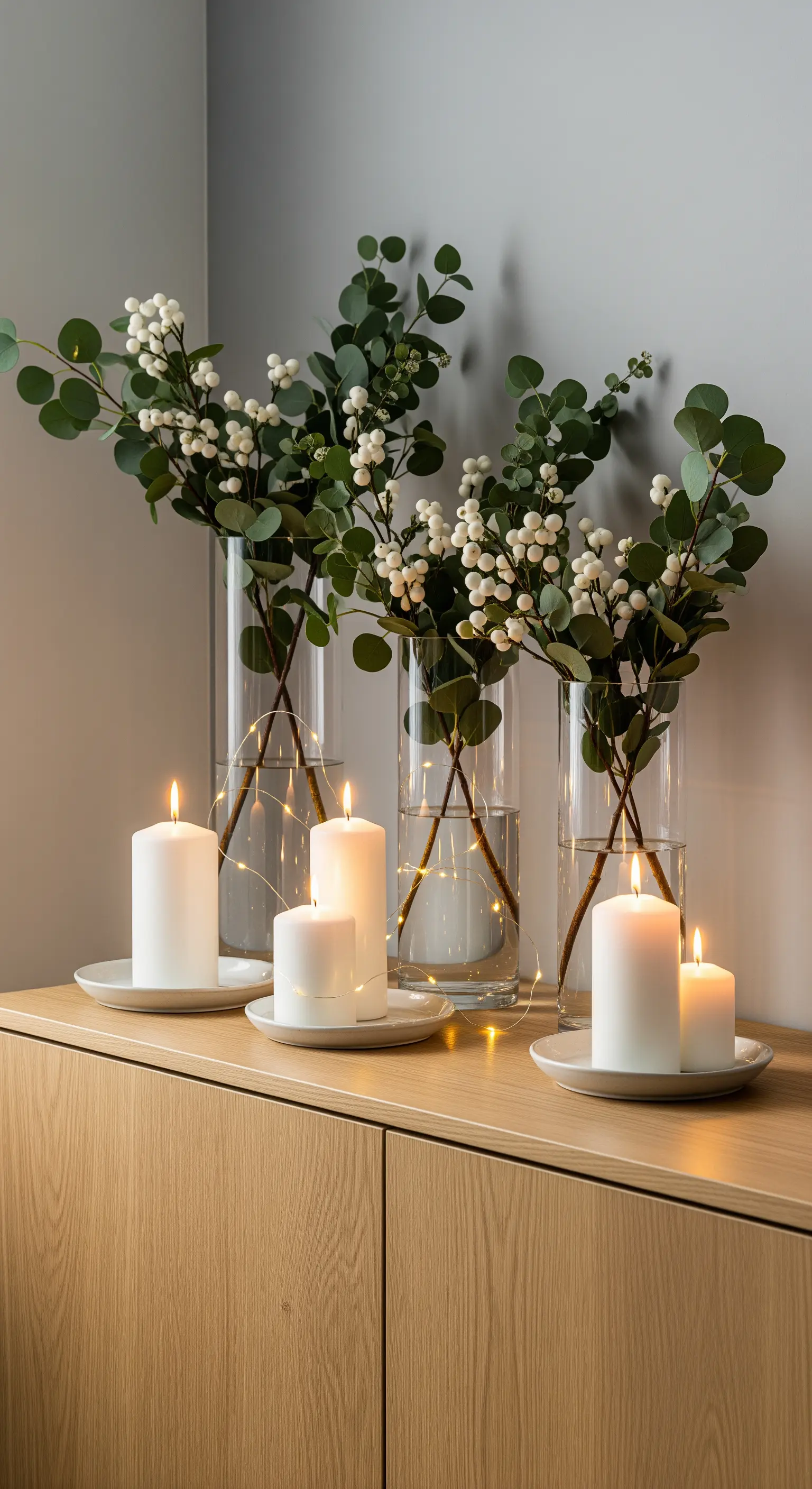 Sideboard Deko mit Eukalyptus in Glasvasen, weißen Kerzen und Lichterkette.