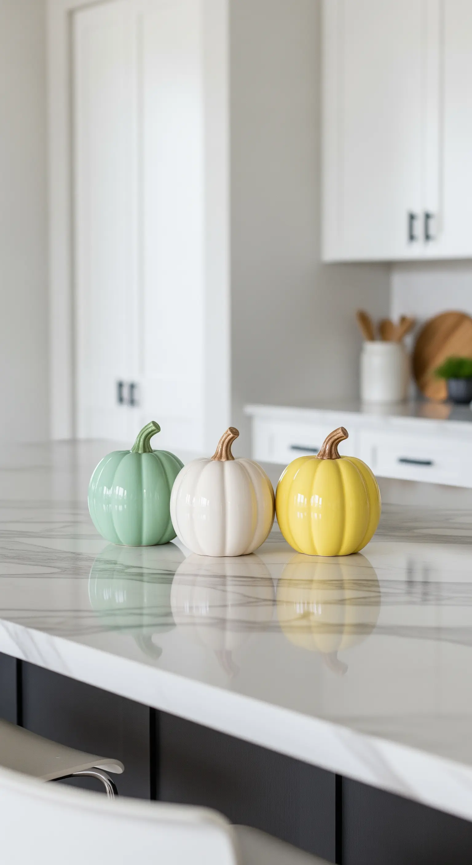 Küchenarbeitsplatte mit drei Keramikkürbissen in Mintgrün, Weiß und Gelb.