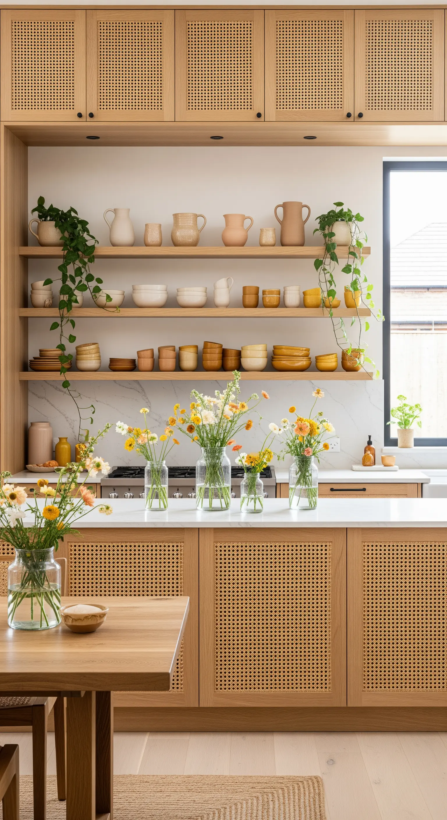 Boho-Regal mit Keramik, Pflanzen und bunten Frühlingsblumen