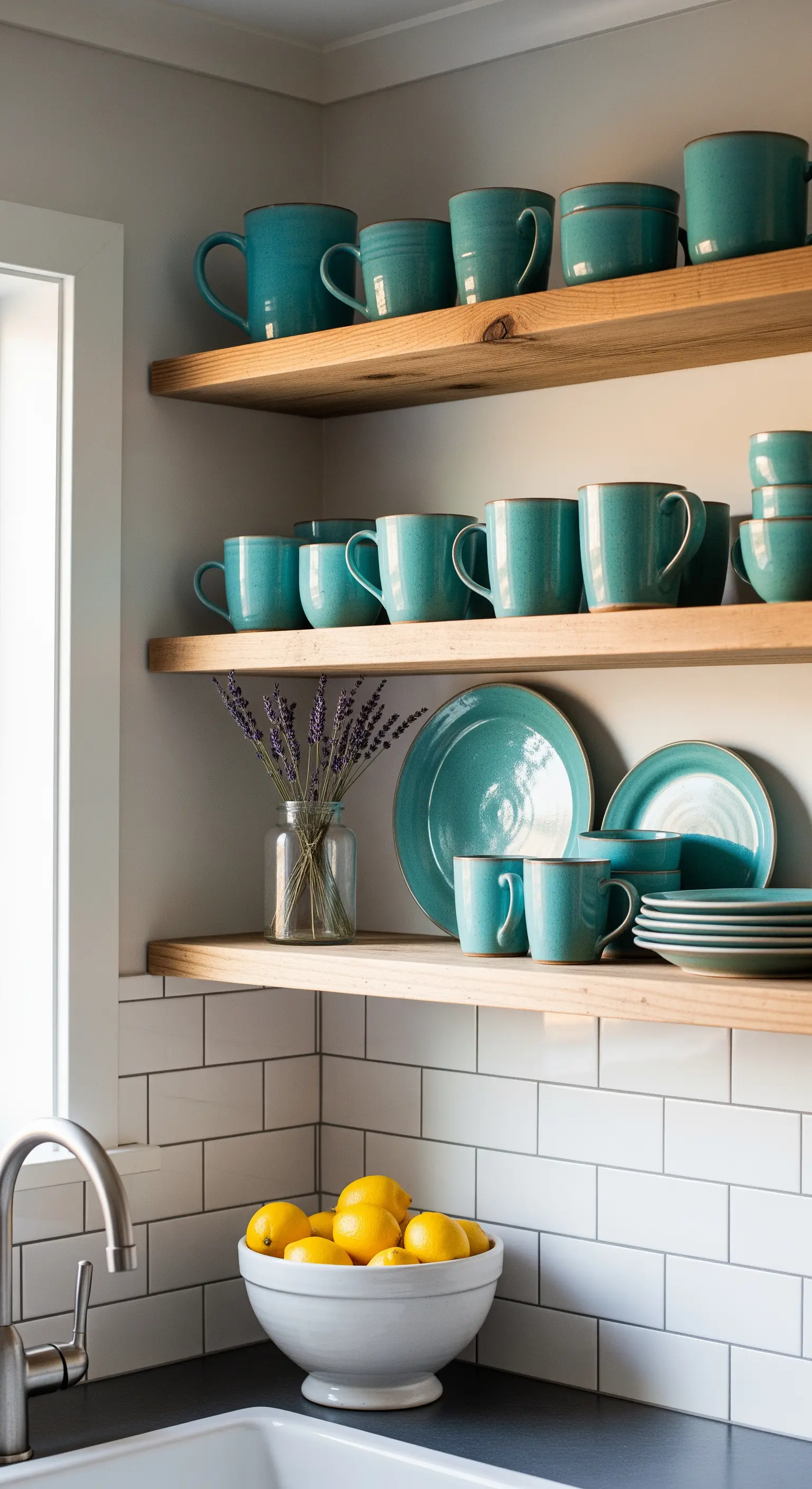 Türkisfarbenes Geschirr auf Holzregalen, Lavendel und frische Zitronen in einer hellen Küche.
