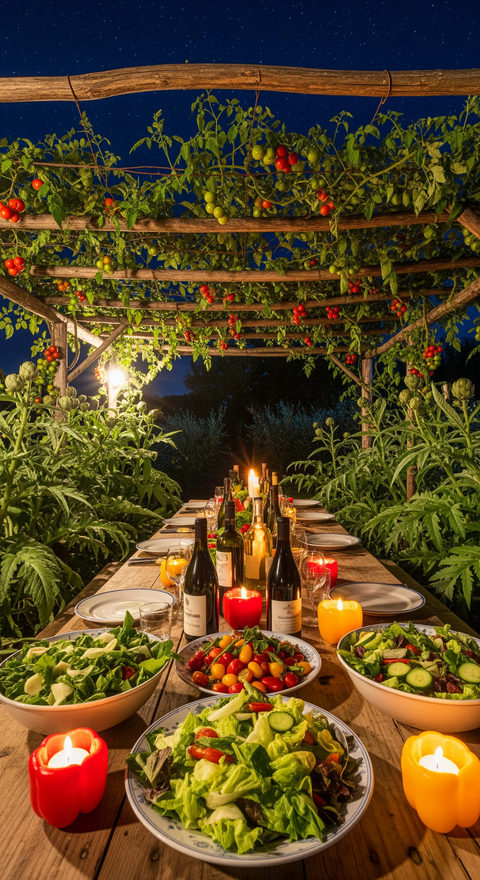 Gemüsegarten, Pergola, Tomatenranken, Holztisch, Kerzen, Salate