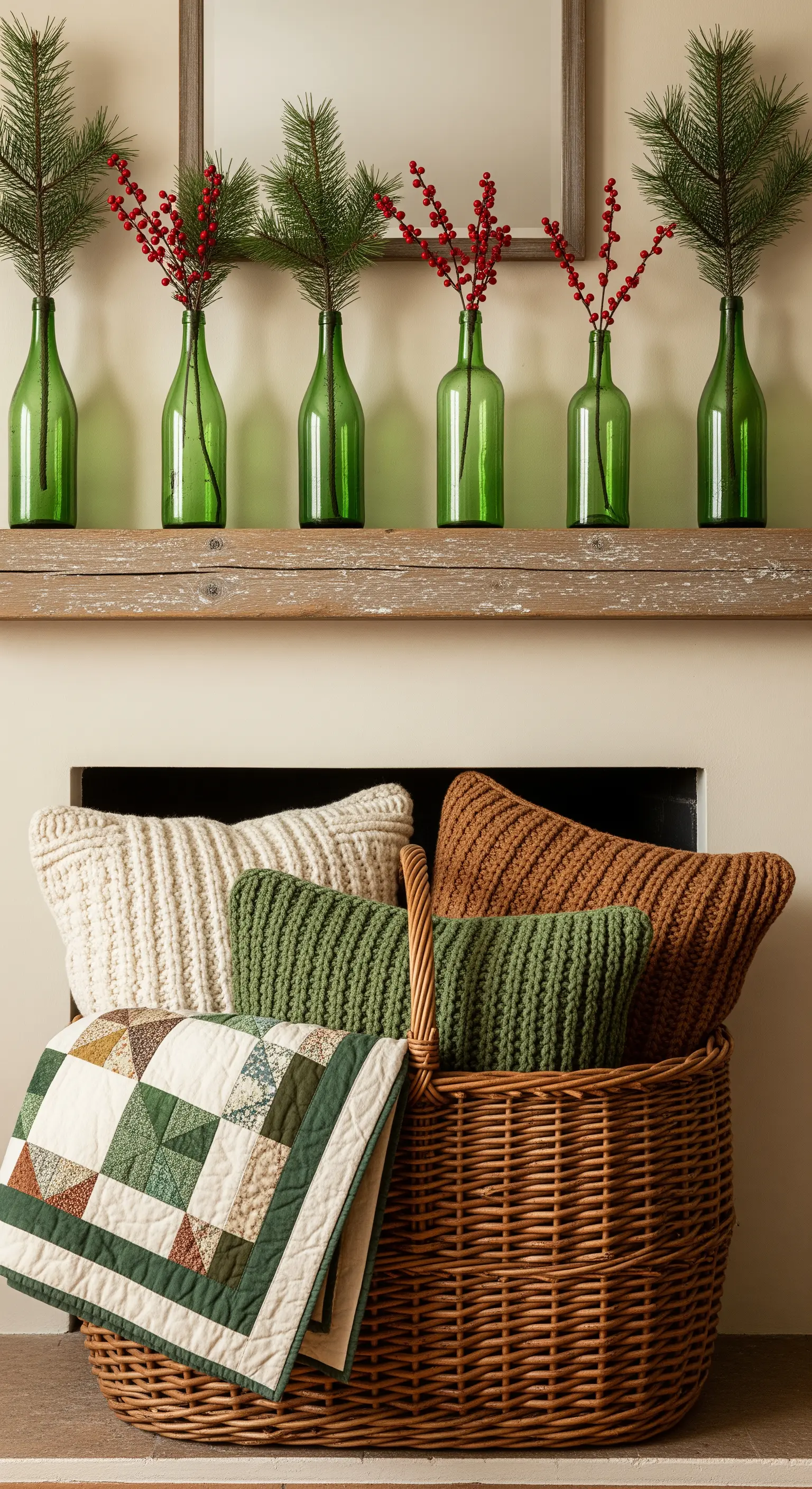 Grüne Flaschen mit Zweigen und Korb mit Kissen und Decke