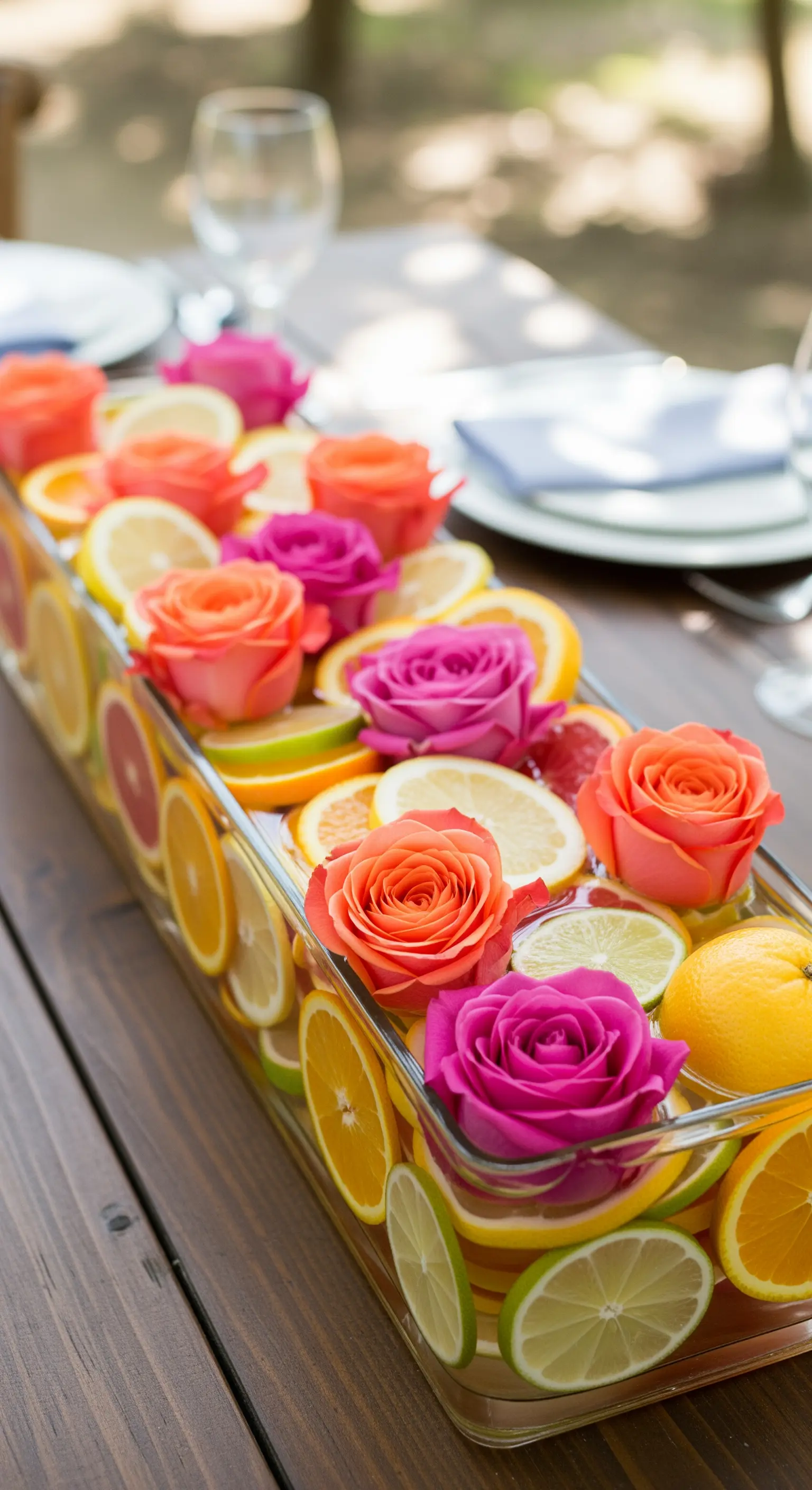 Lange Glasvase gefüllt mit Zitrusscheiben und bunten Rosenköpfen.